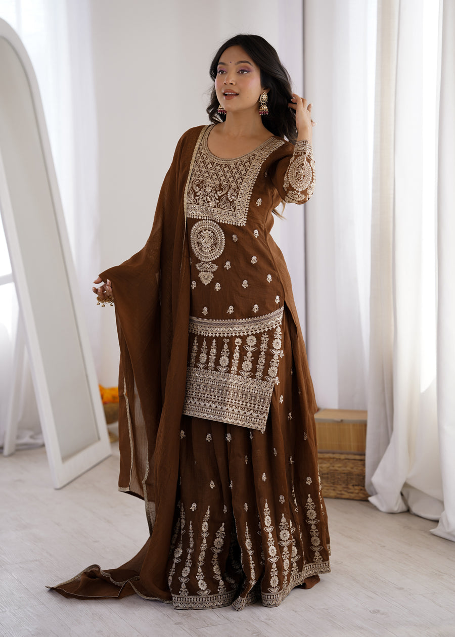 BROWN COLOR PURE CRUNCHY SILK SHARARA SUIT SET