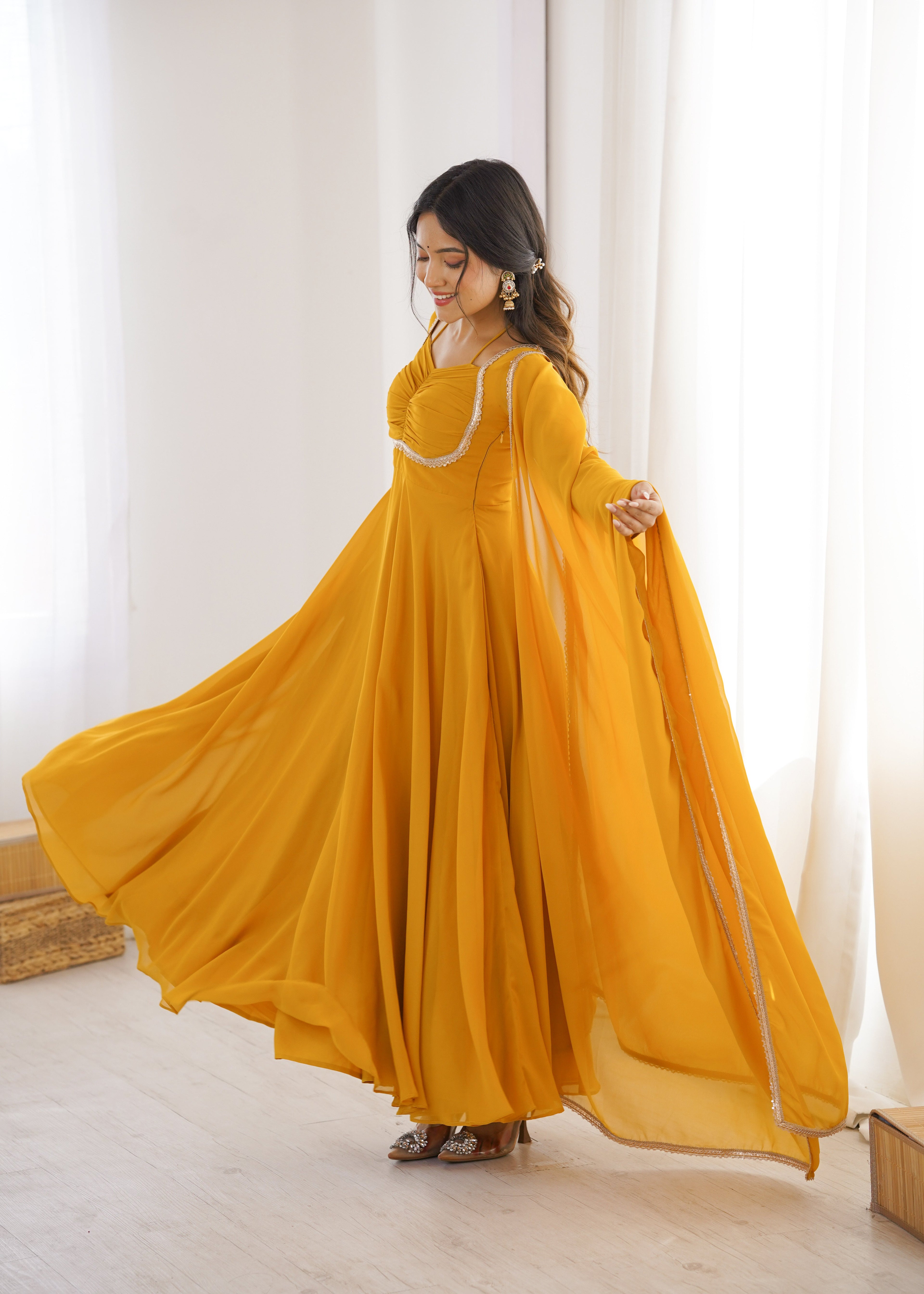 YELLOW COLOR PURE BLOOMING GEORGETTE ANARKALI GOWN