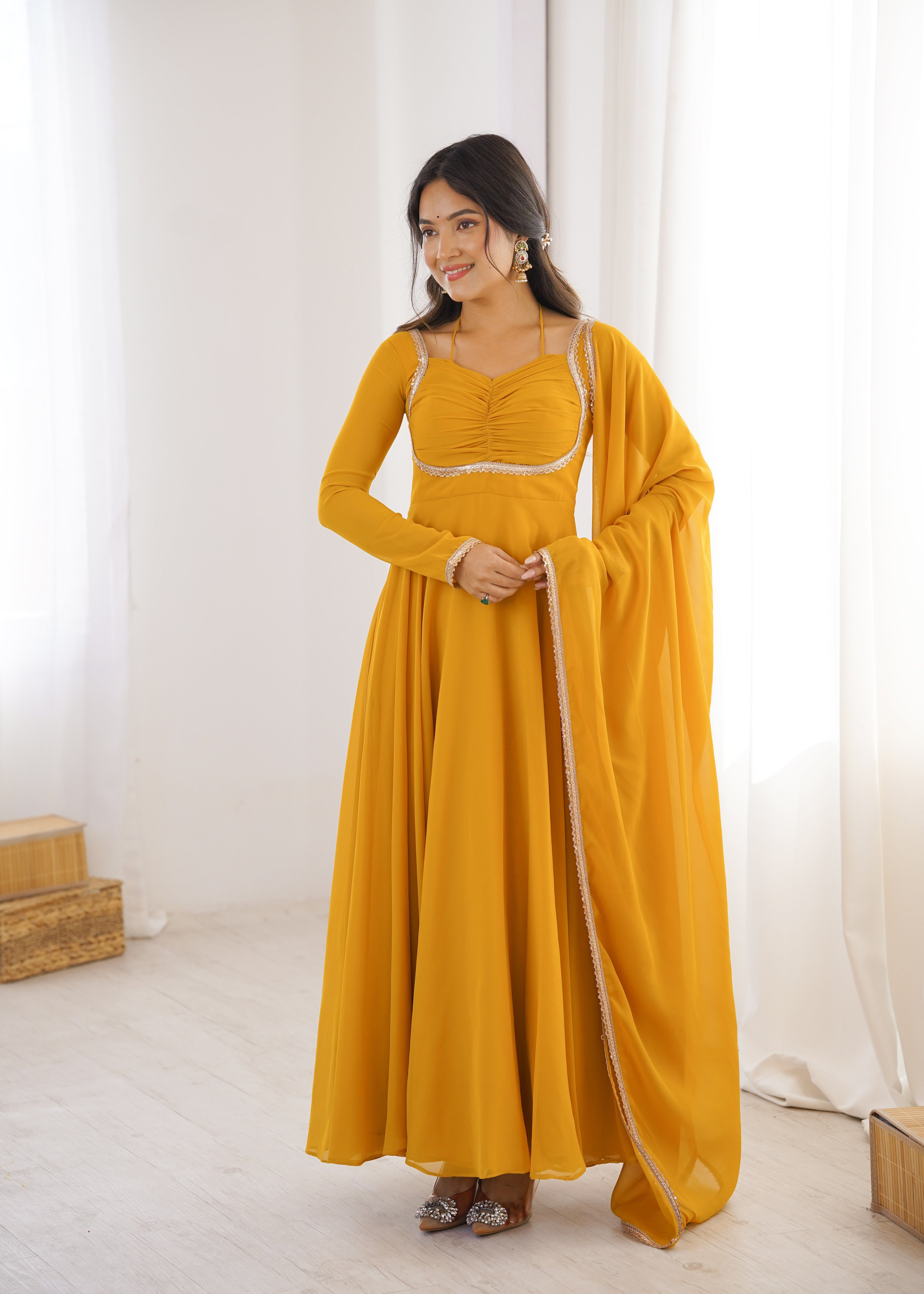 YELLOW COLOR PURE BLOOMING GEORGETTE ANARKALI GOWN