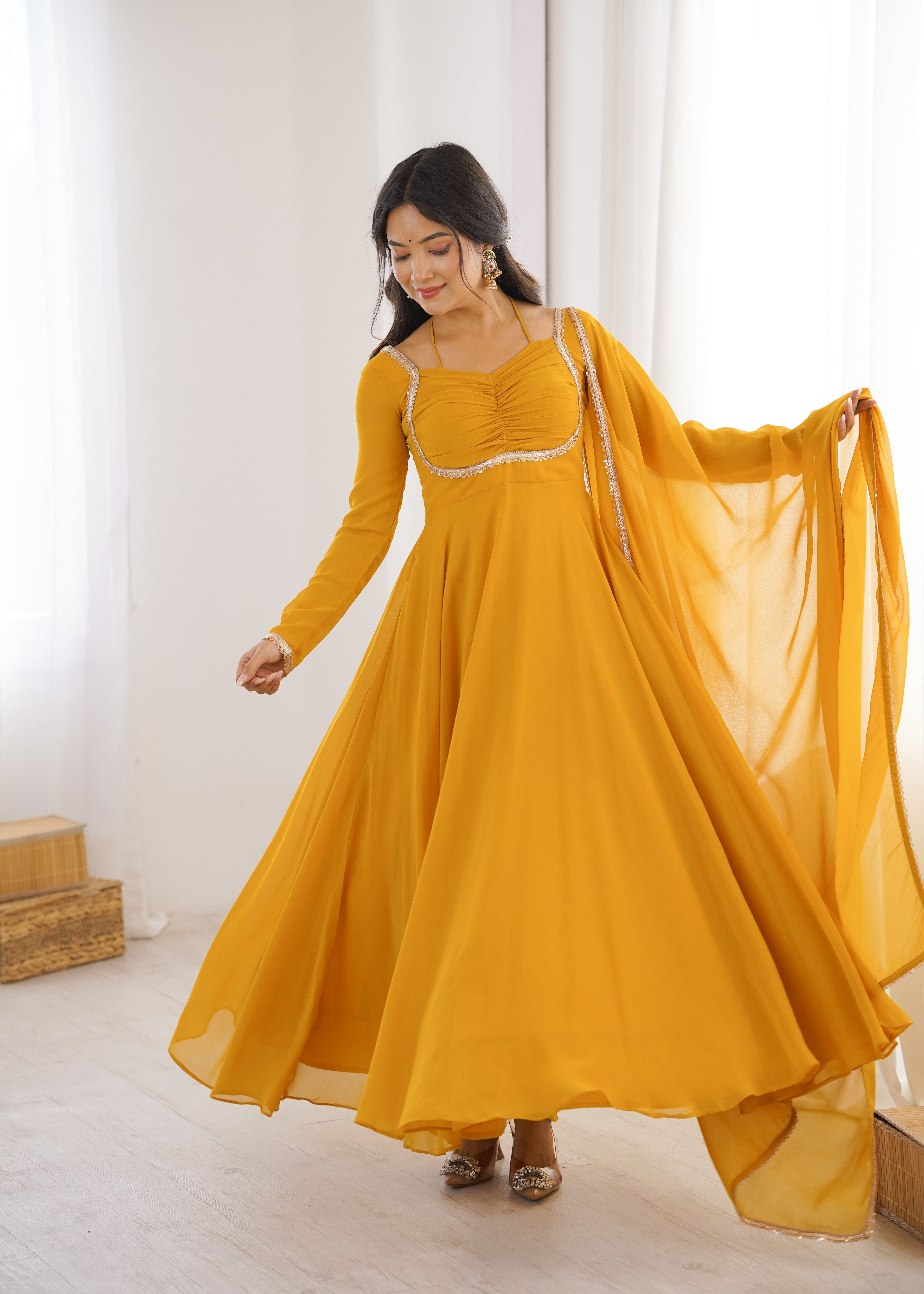 YELLOW COLOR PURE BLOOMING GEORGETTE ANARKALI GOWN