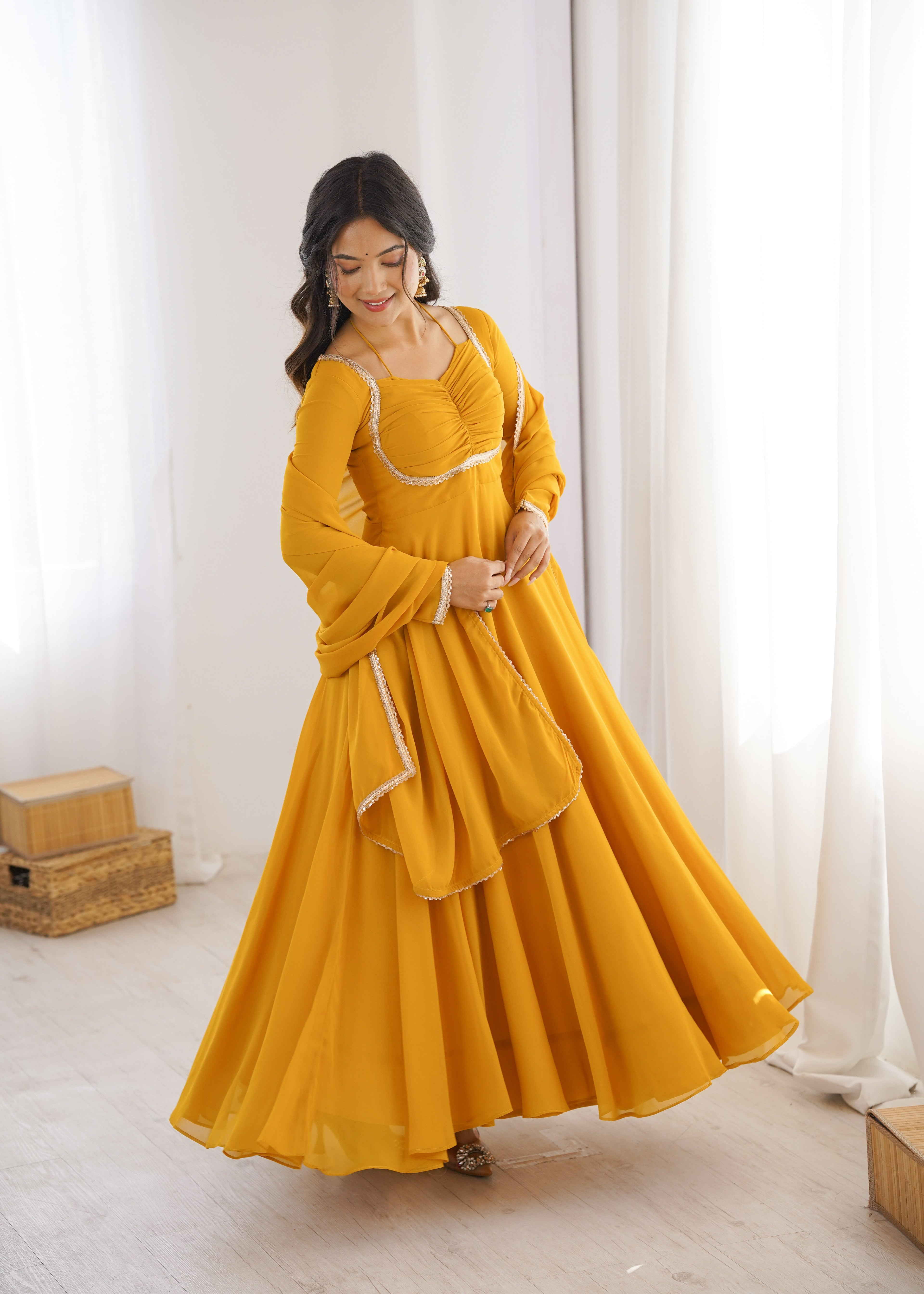 YELLOW COLOR PURE BLOOMING GEORGETTE ANARKALI GOWN
