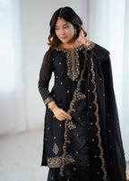 BLACK COLOR PURE SOFT CRUNCHY SILK BASE EMBROIDERED SHARARA SUIT SET OF 3