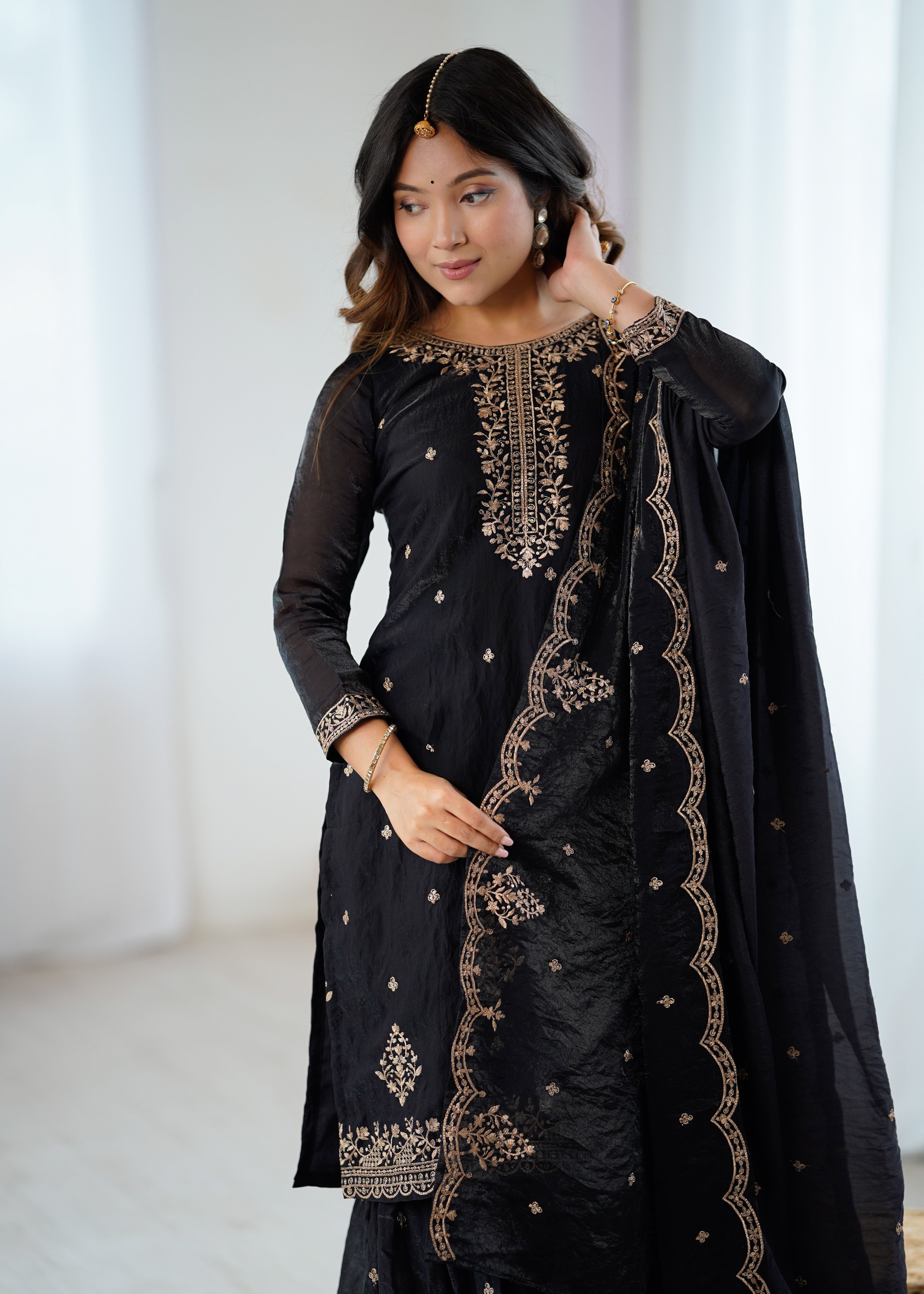 BLACK COLOR PURE SOFT CRUNCHY SILK BASE EMBROIDERED SHARARA SUIT SET OF 3