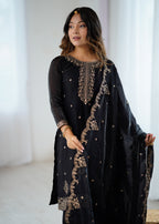 BLACK COLOR PURE SOFT CRUNCHY SILK BASE EMBROIDERED SHARARA SUIT SET OF 3