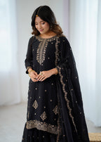 BLACK COLOR PURE SOFT CRUNCHY SILK BASE EMBROIDERED SHARARA SUIT SET OF 3