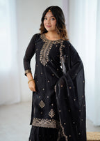 BLACK COLOR PURE SOFT CRUNCHY SILK BASE EMBROIDERED SHARARA SUIT SET OF 3