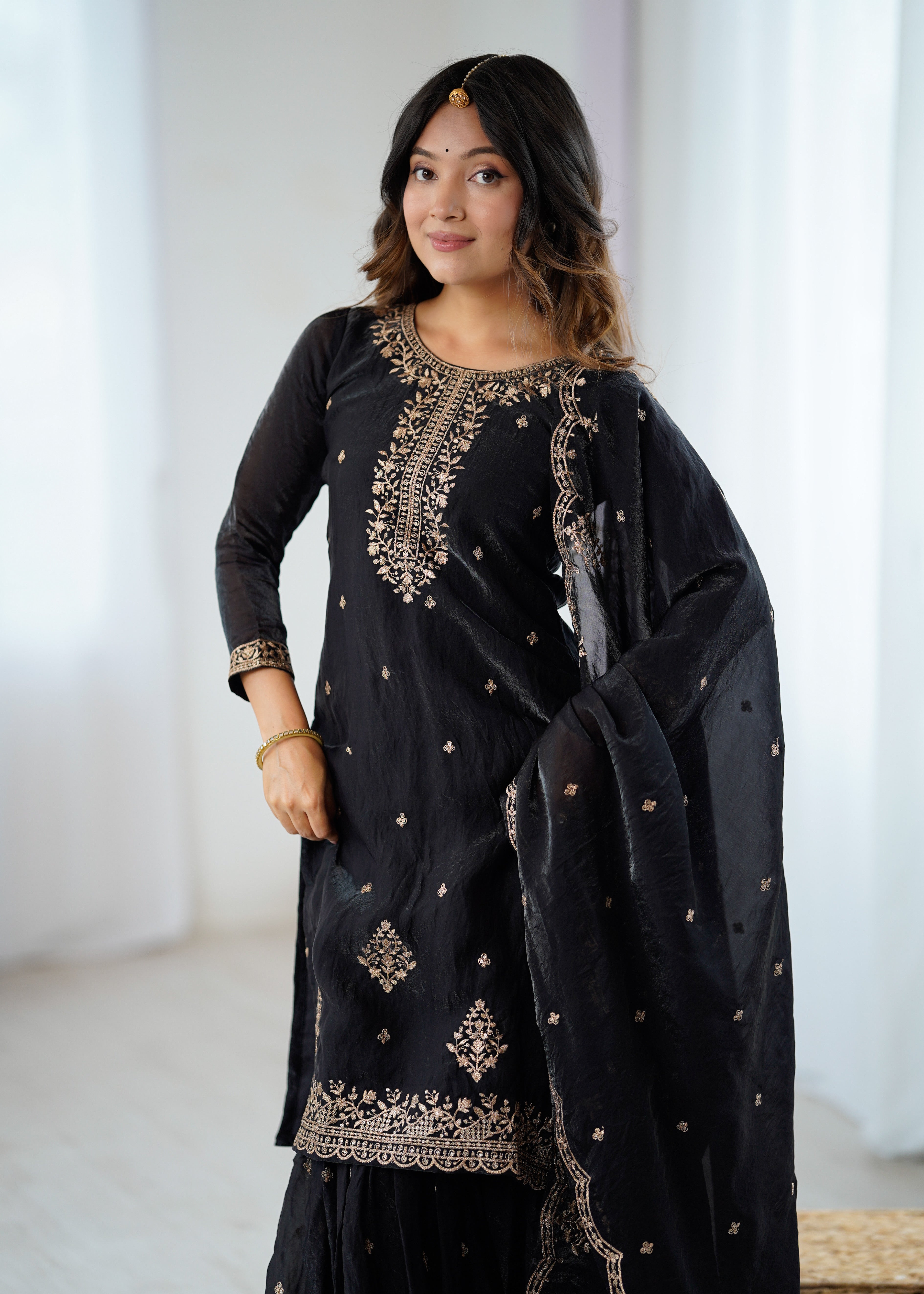 BLACK COLOR PURE SOFT CRUNCHY SILK BASE EMBROIDERED SHARARA SUIT SET OF 3