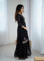 BLACK COLOR PURE SOFT CRUNCHY SILK BASE EMBROIDERED SHARARA SUIT SET OF 3