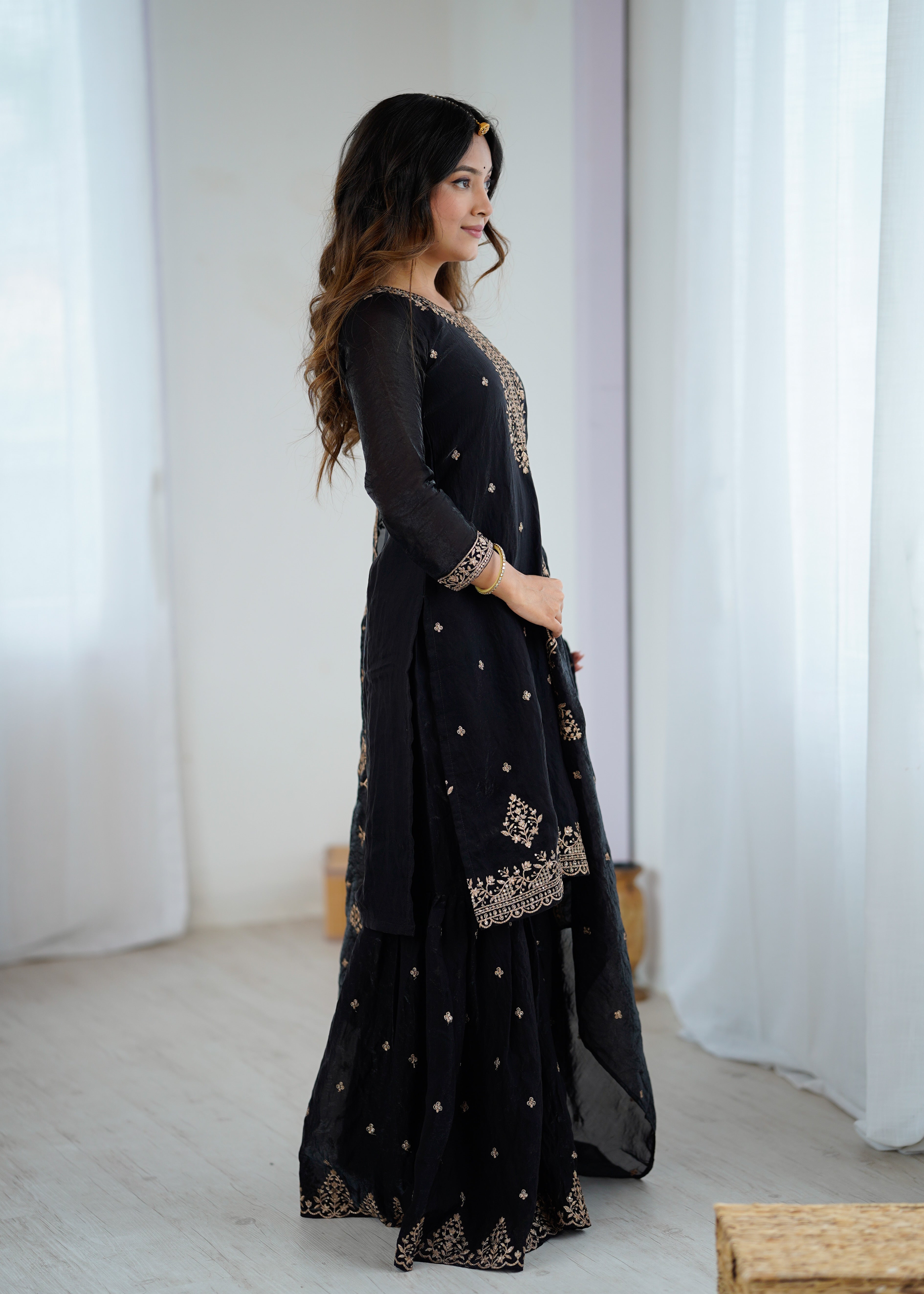 BLACK COLOR PURE SOFT CRUNCHY SILK BASE EMBROIDERED SHARARA SUIT SET OF 3
