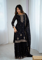 BLACK COLOR PURE SOFT CRUNCHY SILK BASE EMBROIDERED SHARARA SUIT SET OF 3