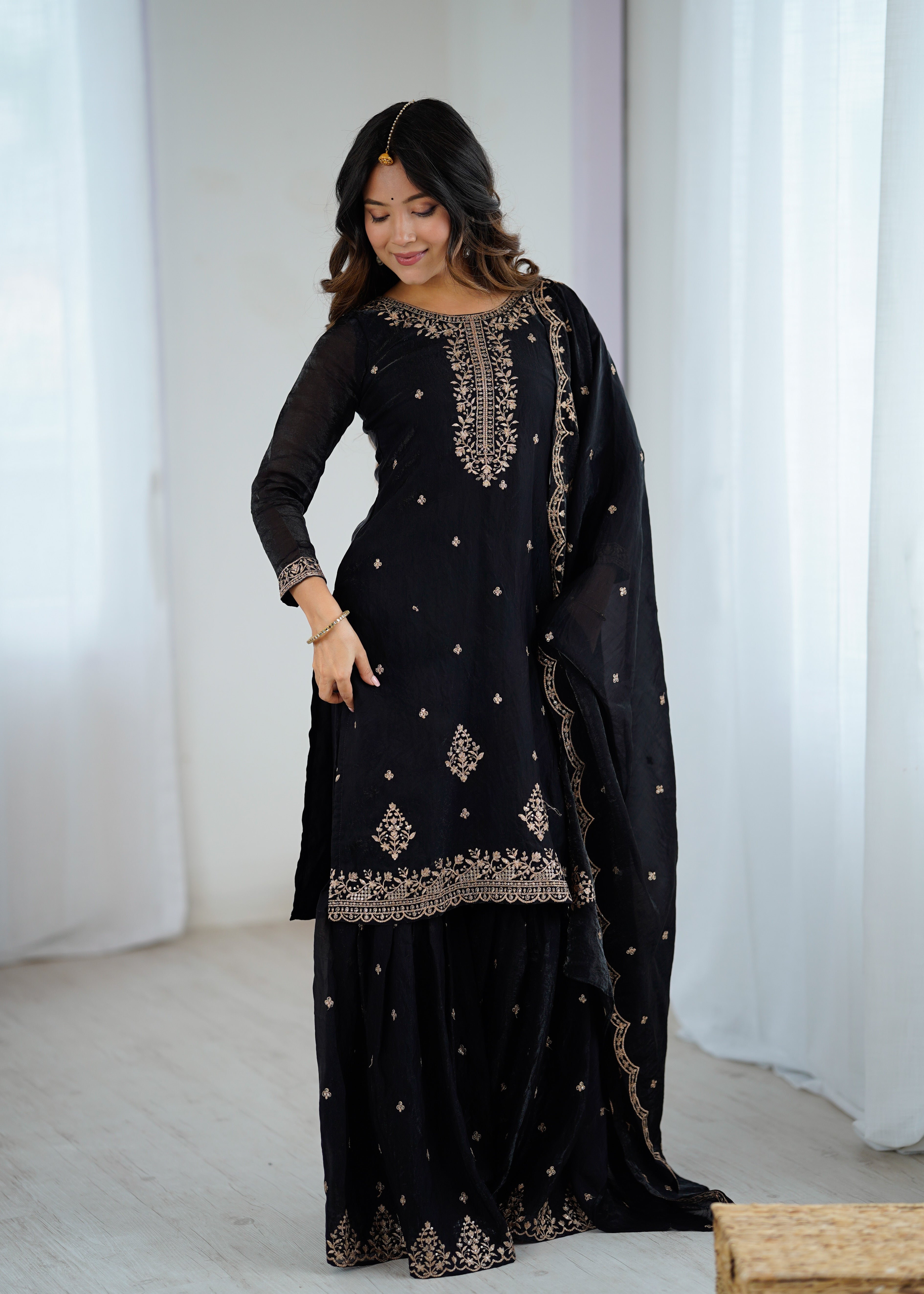 BLACK COLOR PURE SOFT CRUNCHY SILK BASE EMBROIDERED SHARARA SUIT SET OF 3