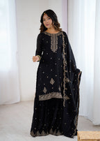 BLACK COLOR PURE SOFT CRUNCHY SILK BASE EMBROIDERED SHARARA SUIT SET OF 3