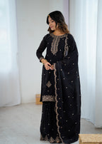 BLACK COLOR PURE SOFT CRUNCHY SILK BASE EMBROIDERED SHARARA SUIT SET OF 3