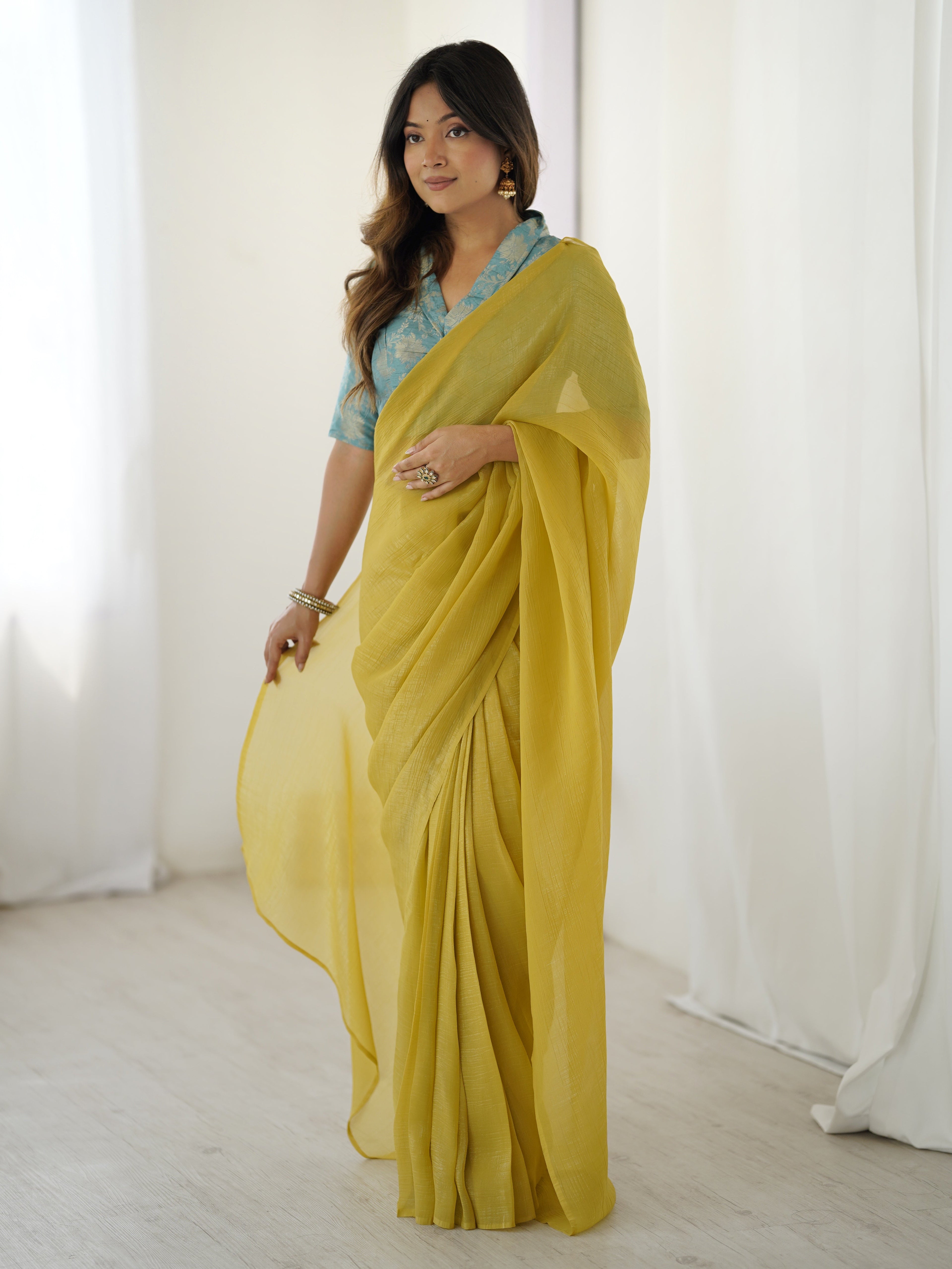 YELLOW COLOR SPARKLE SILK BASE READY TO WEAR SAREE WITH STITCHED BLOUSE