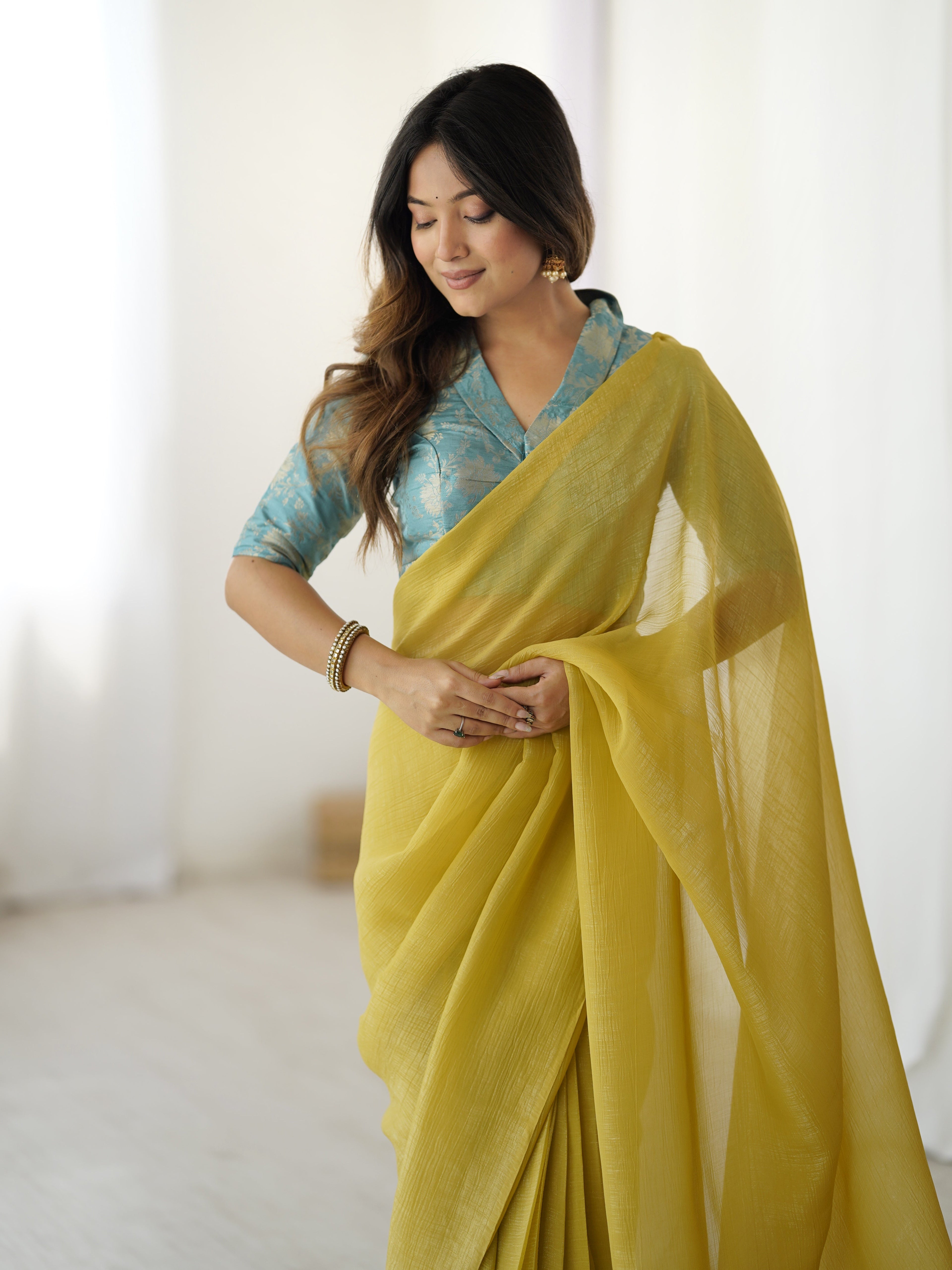 YELLOW COLOR SPARKLE SILK BASE READY TO WEAR SAREE WITH STITCHED BLOUSE