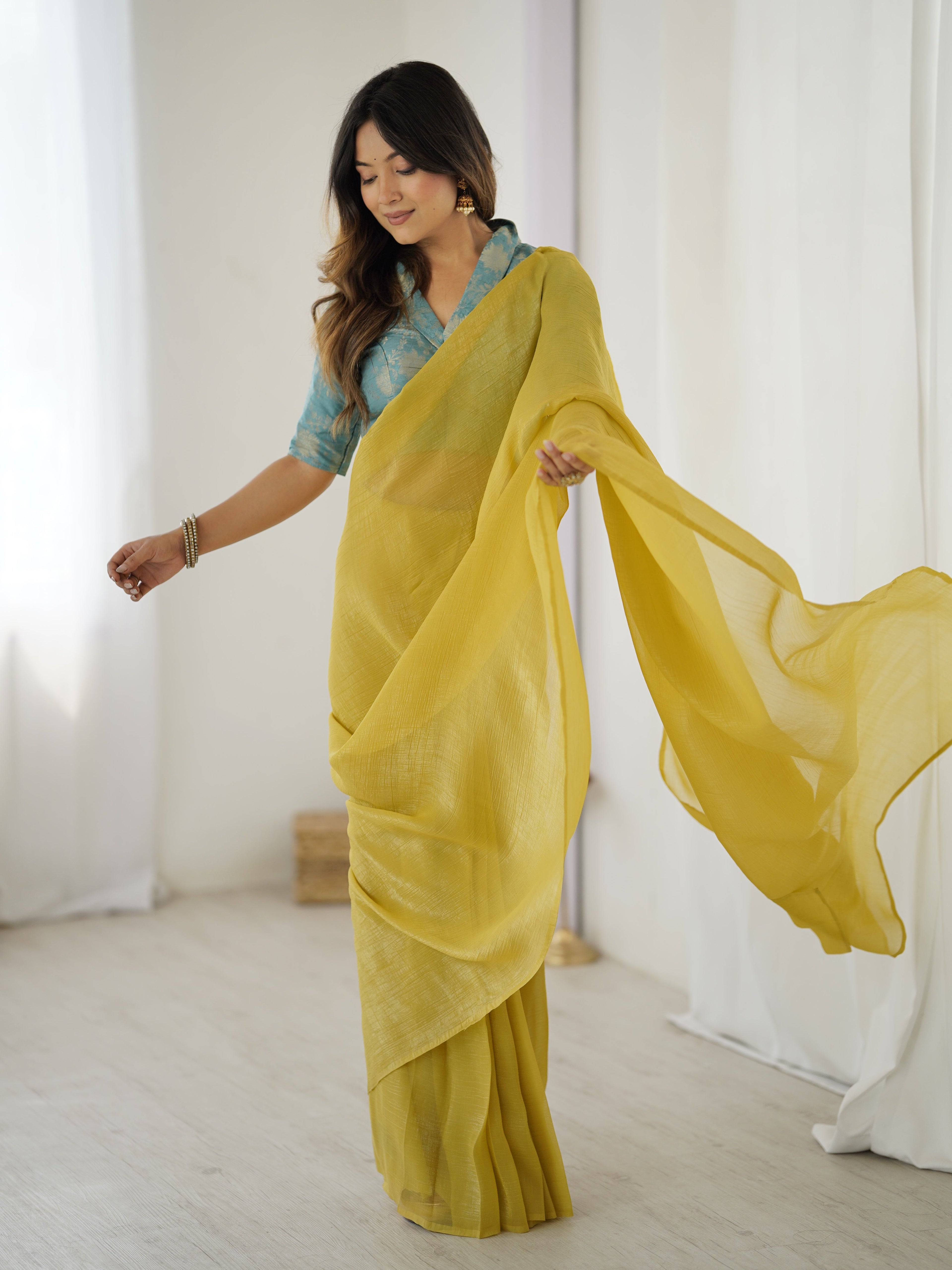 YELLOW COLOR SPARKLE SILK BASE READY TO WEAR SAREE WITH STITCHED BLOUSE