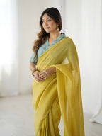 YELLOW COLOR SPARKLE SILK BASE READY TO WEAR SAREE WITH STITCHED BLOUSE