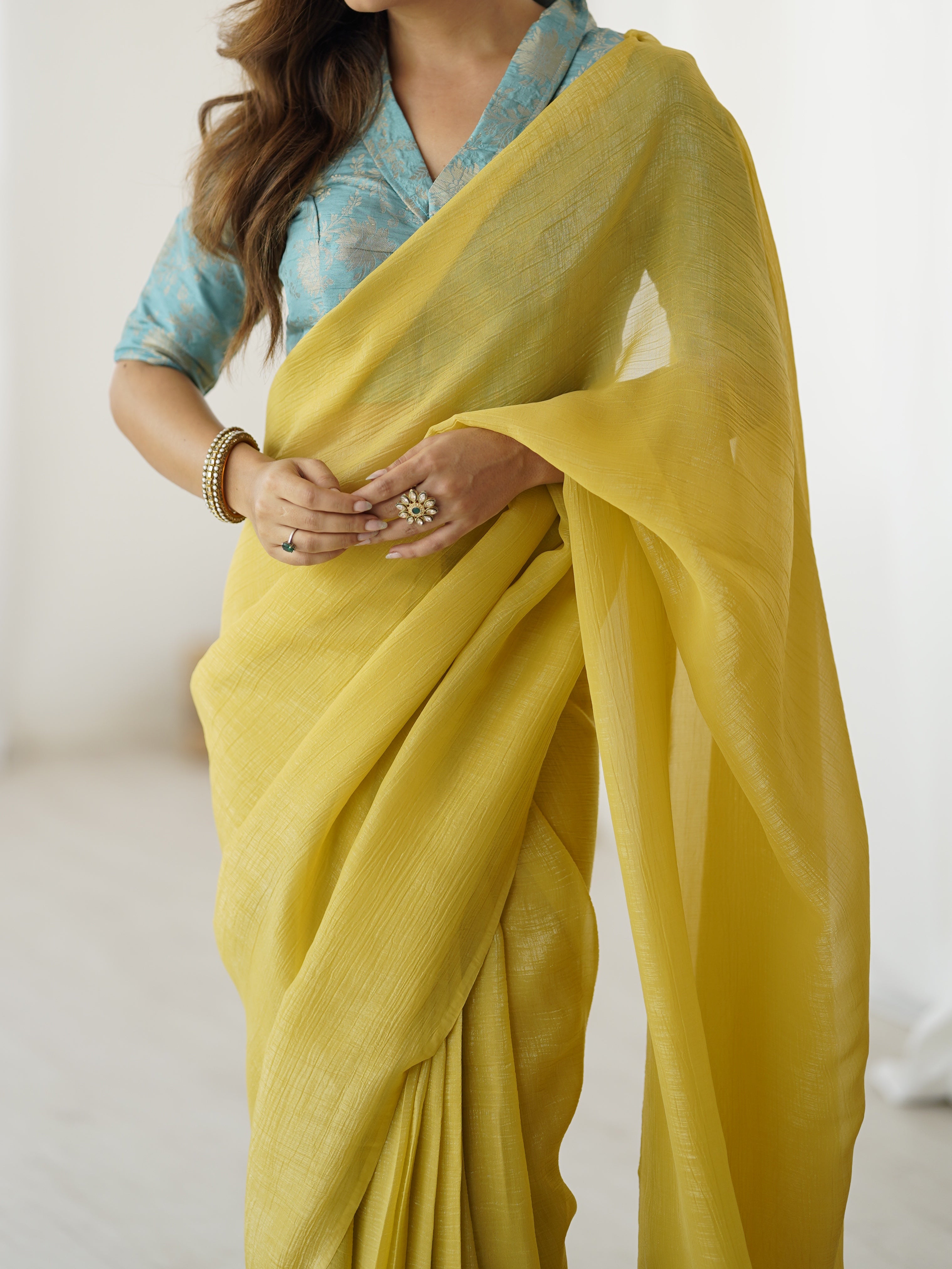 YELLOW COLOR SPARKLE SILK BASE READY TO WEAR SAREE WITH STITCHED BLOUSE
