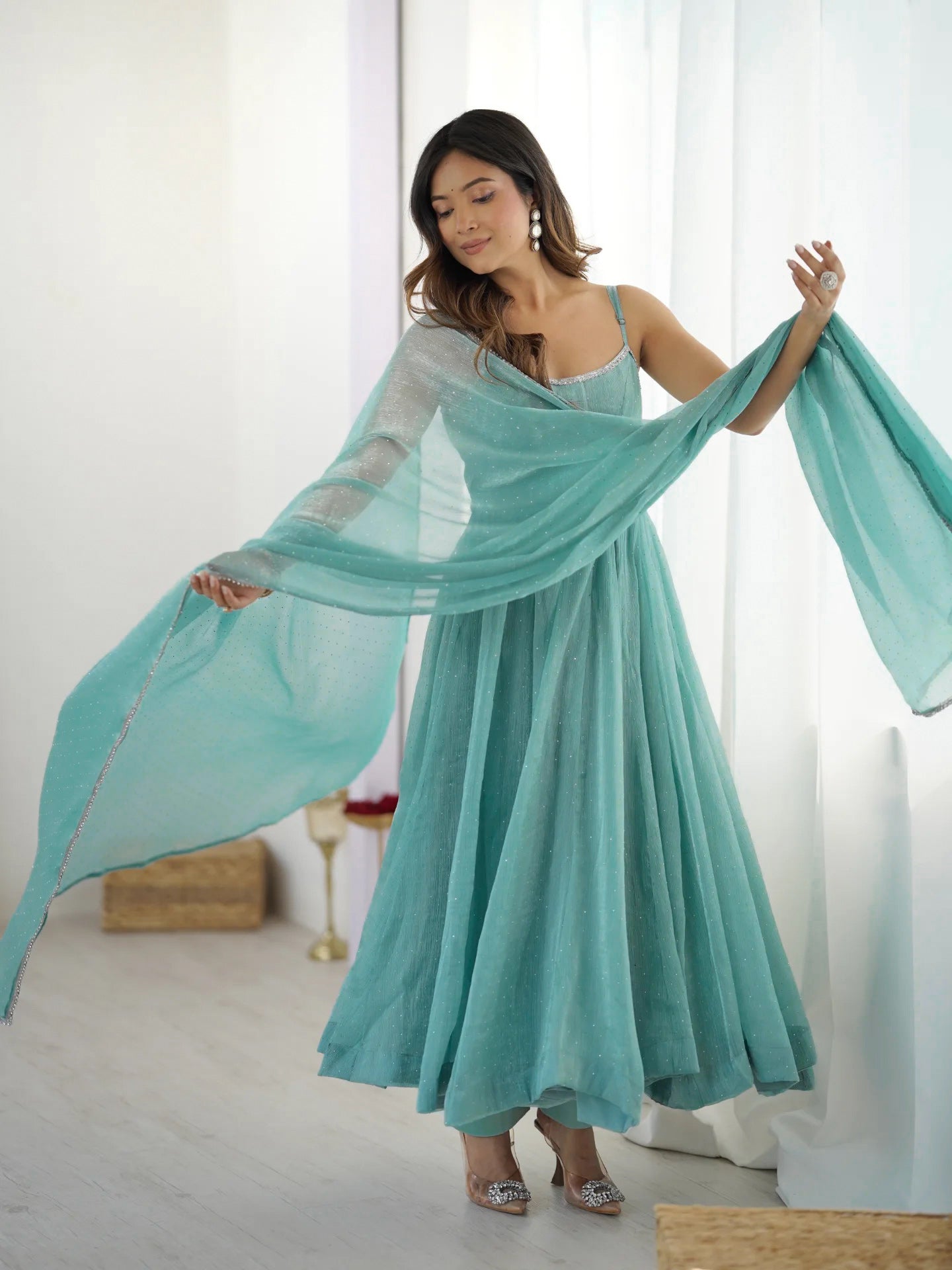SKY BLUE COLOR CRUNCHY SILK ANARKALI SUIT SET