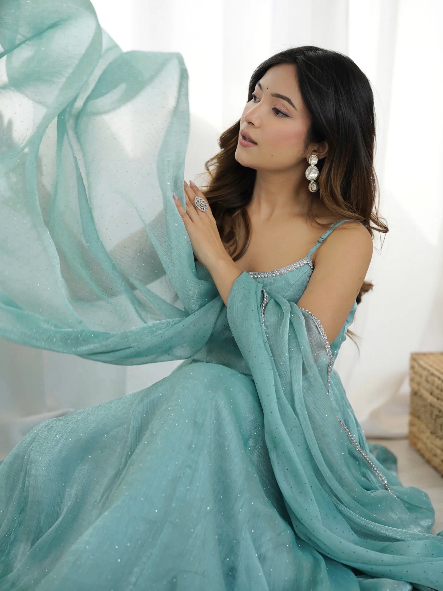 SKY BLUE COLOR CRUNCHY SILK ANARKALI SUIT SET