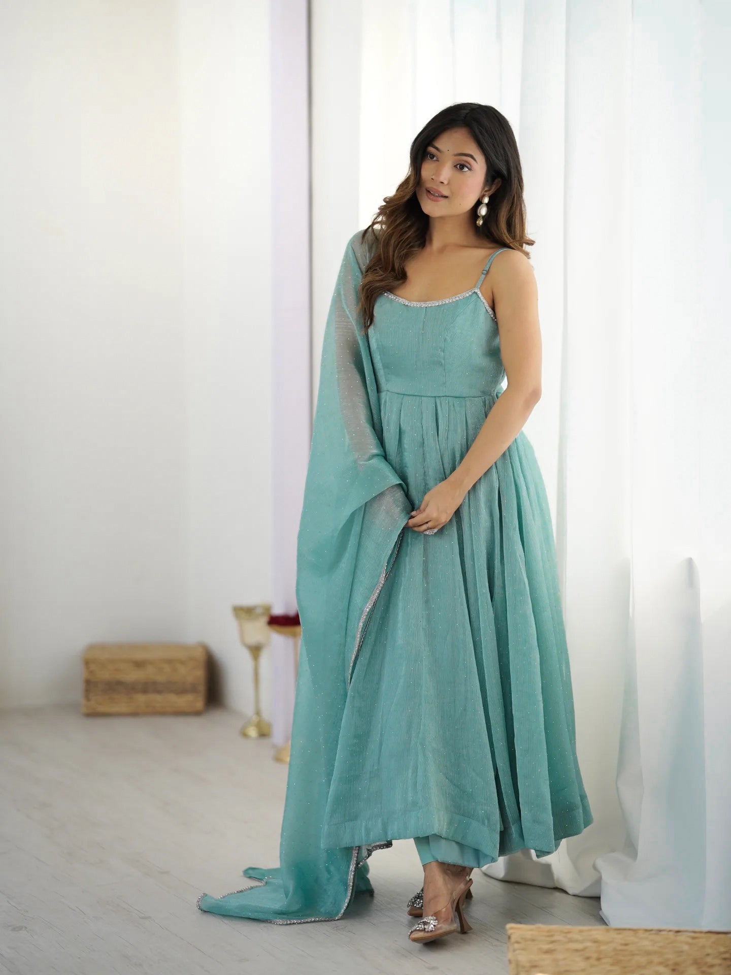 SKY BLUE COLOR CRUNCHY SILK ANARKALI SUIT SET