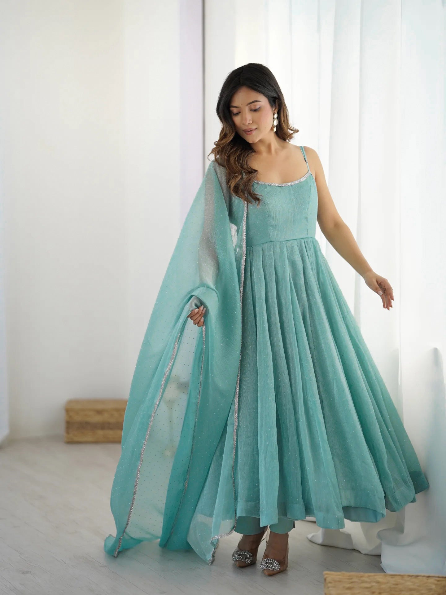SKY BLUE COLOR CRUNCHY SILK ANARKALI SUIT SET
