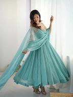 AQUA COLOR CRUNCHY SILK BASE SIROSKI WORK ANARKALI SUIT SET OF 3
