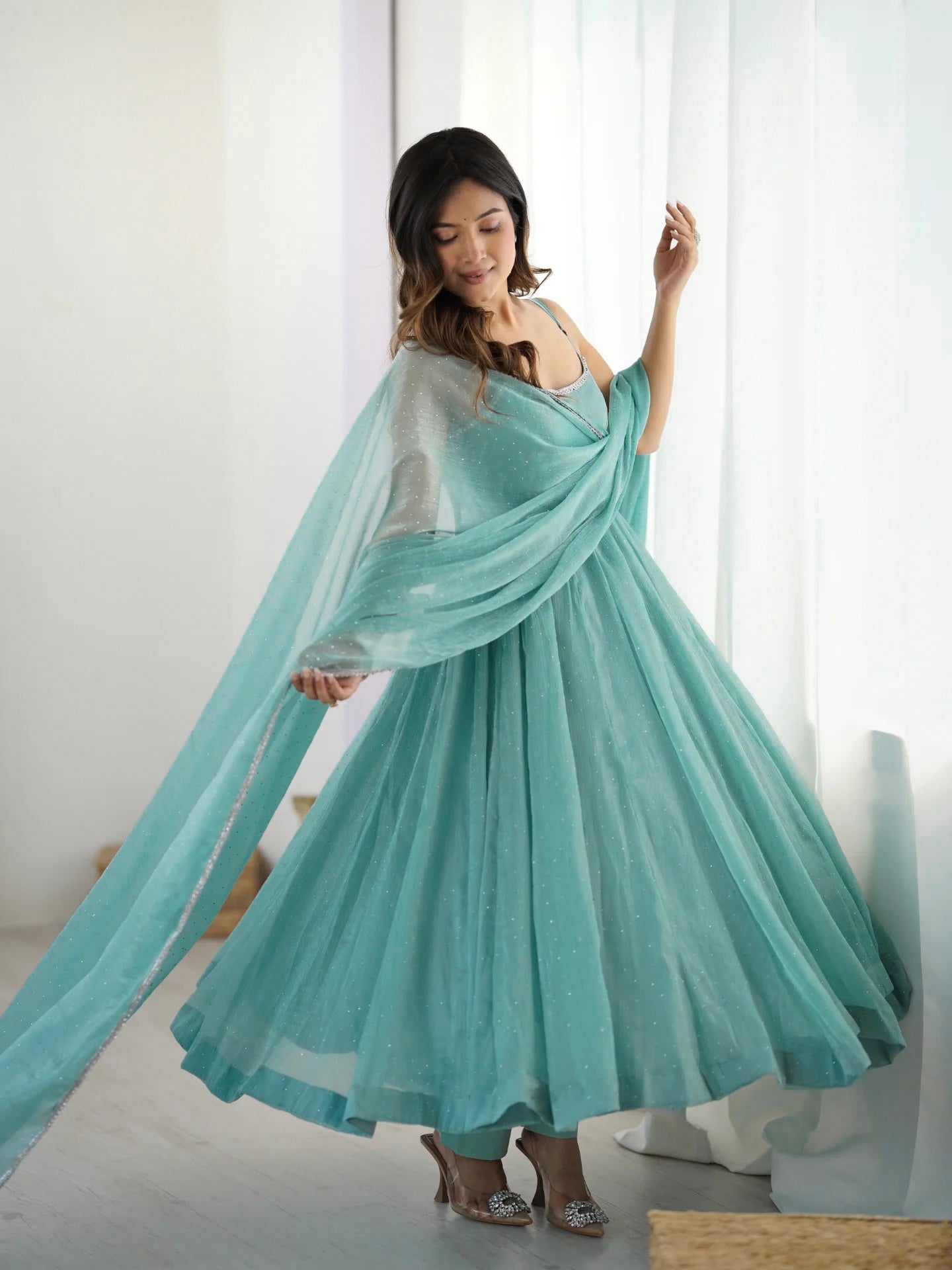 SKY BLUE COLOR CRUNCHY SILK ANARKALI SUIT SET