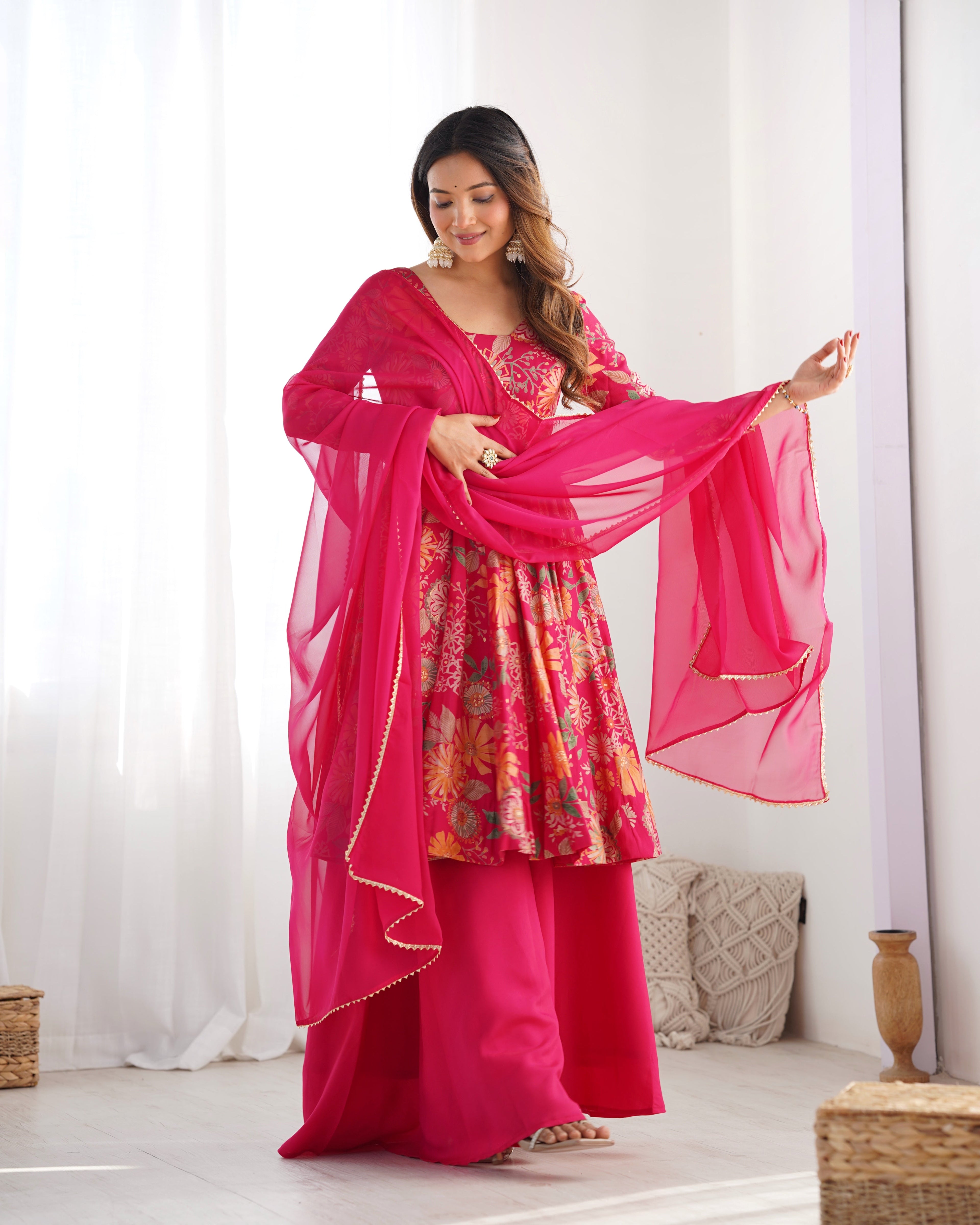 RANI PINK COLOR ROMAN SILK BASE PRINTED PLAZZO SUIT SET OF 3