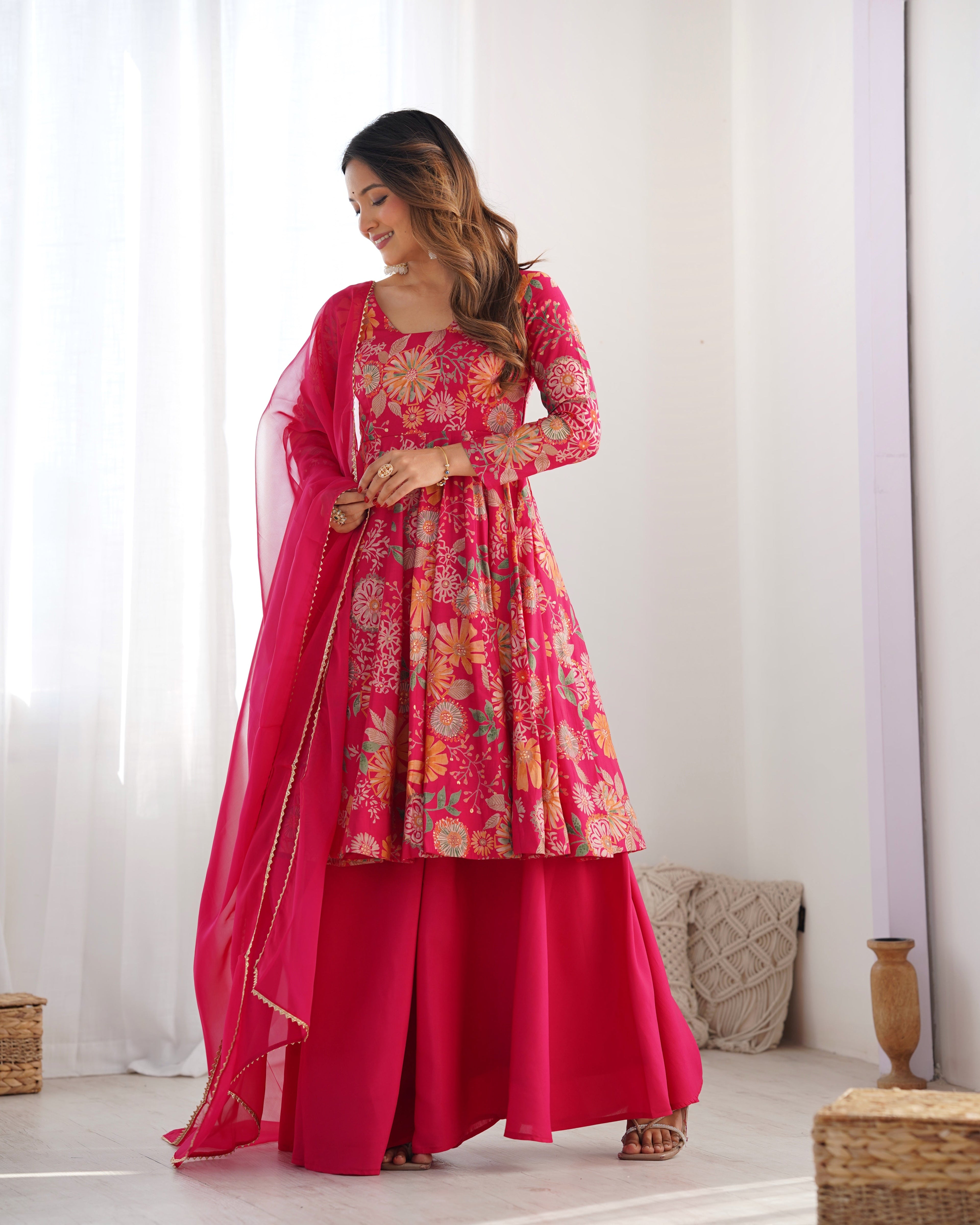 RANI PINK COLOR ROMAN SILK BASE PRINTED PLAZZO SUIT SET OF 3