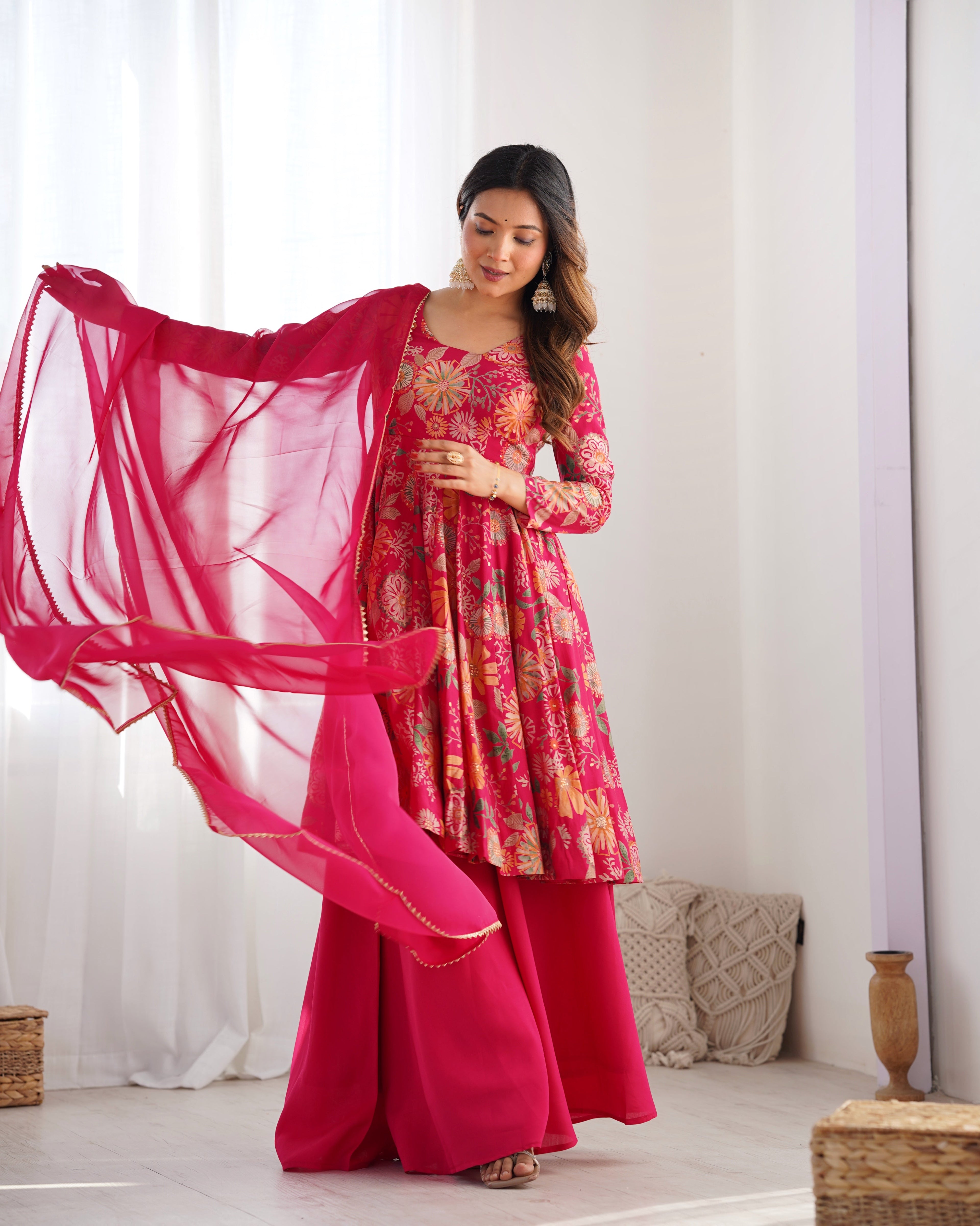 RANI PINK COLOR ROMAN SILK BASE PRINTED PLAZZO SUIT SET OF 3