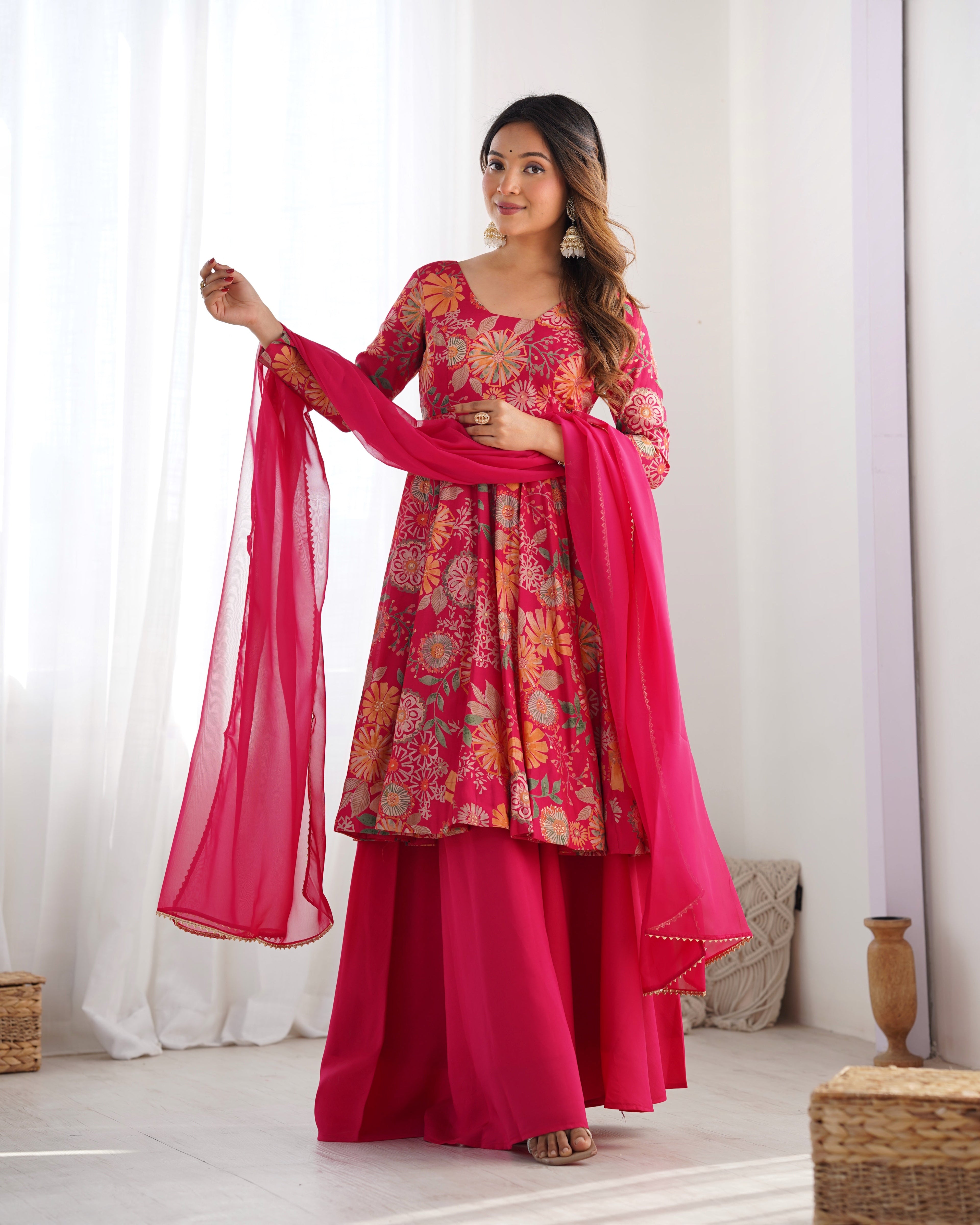 RANI PINK COLOR ROMAN SILK BASE PRINTED PLAZZO SUIT SET OF 3