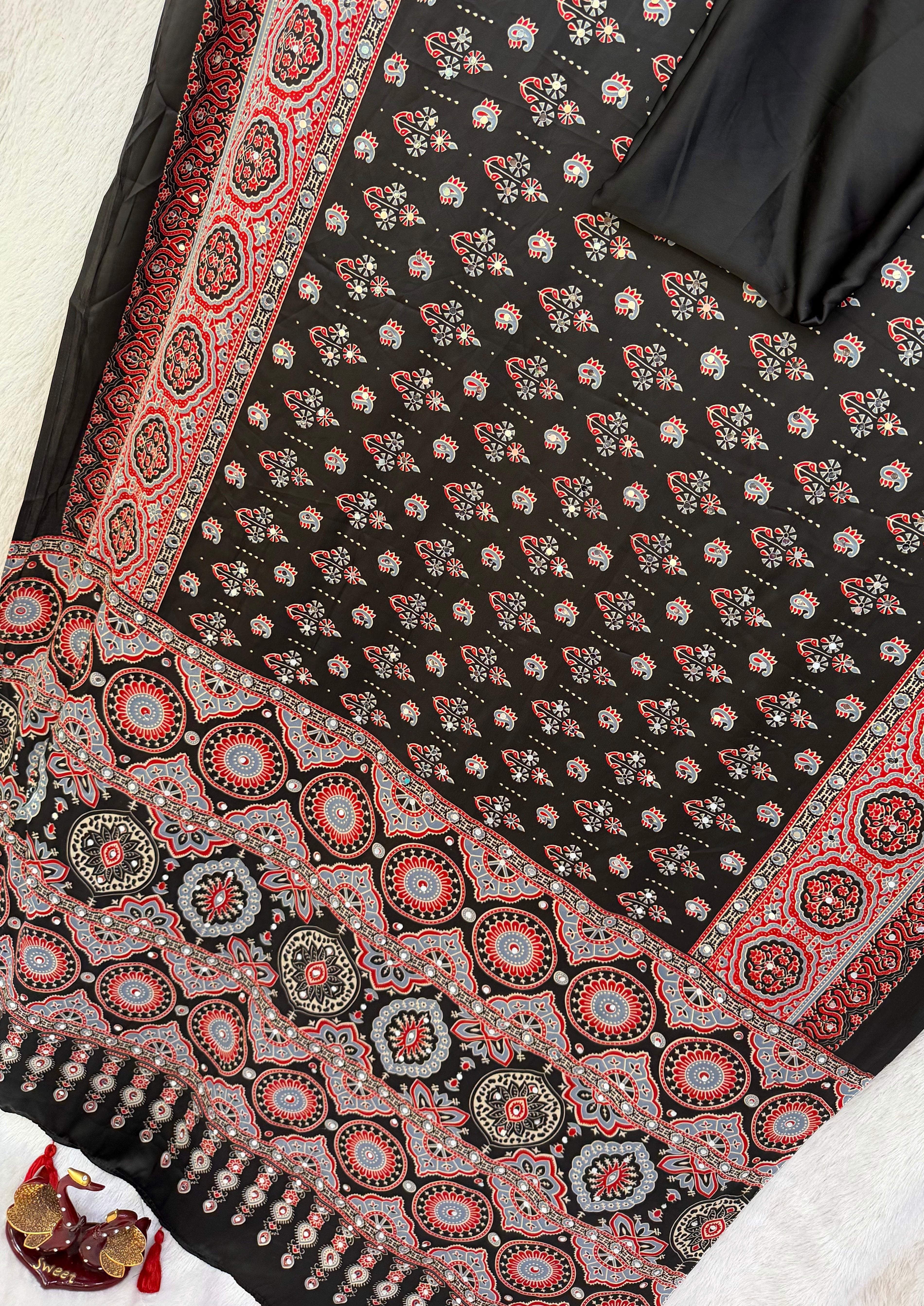 IVORY AJRAKH PRINT MIRROR WORK SAREE