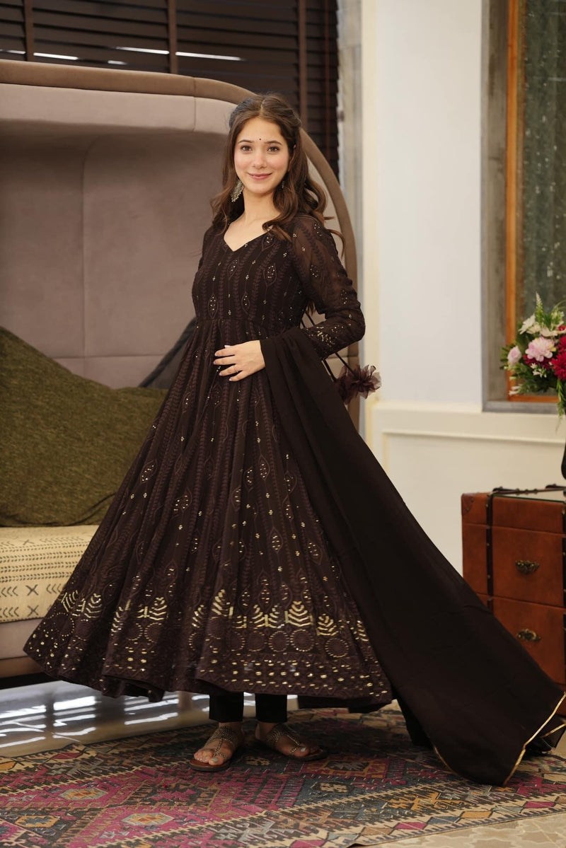 BLACK COLOR EMBROIDERED WORK GEORGETTE BASE ANARKALI SUIT SET OF 3