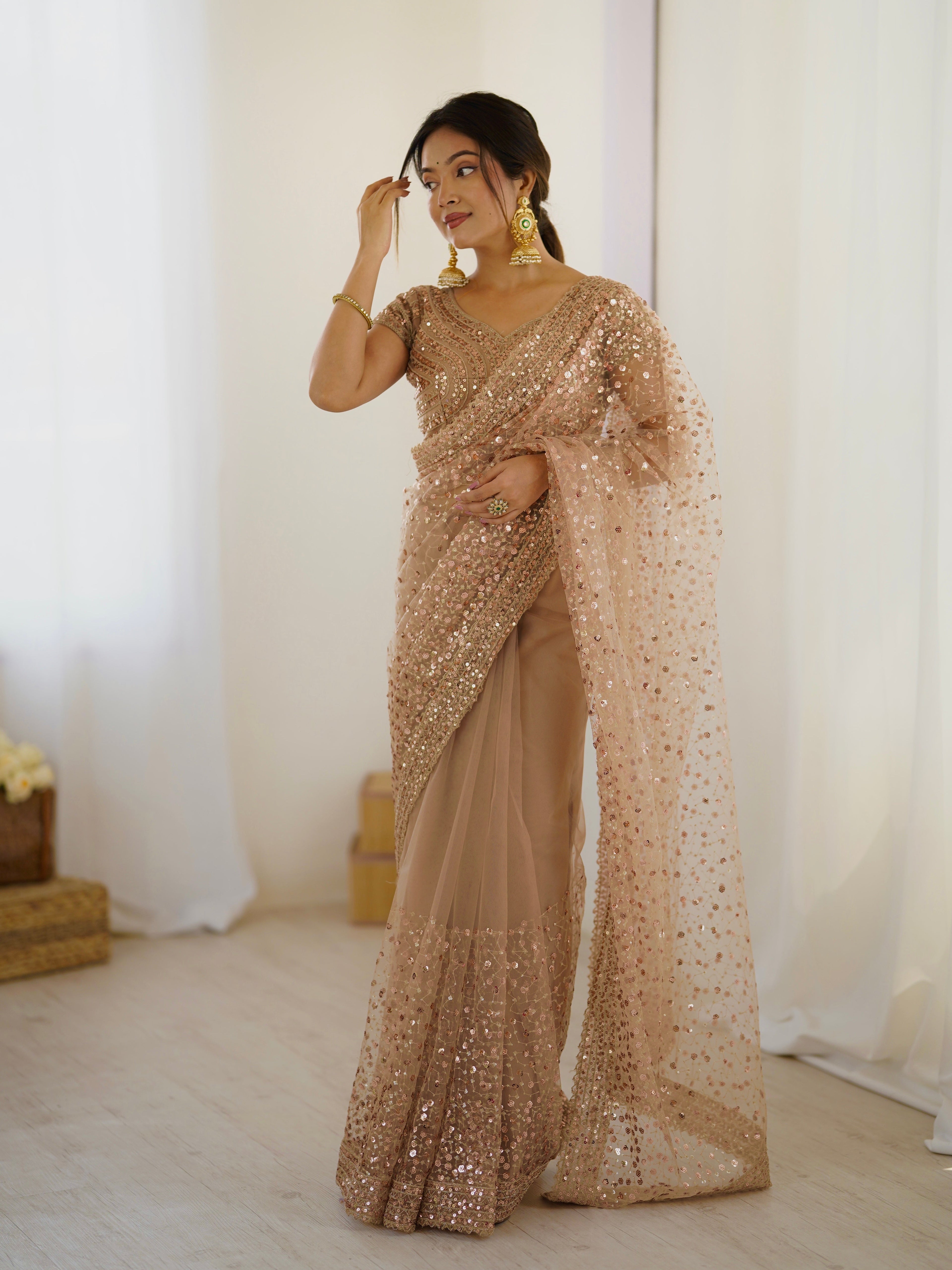 GOLDEN SOFT NET BEAUTIFUL DESIGNER SAREE