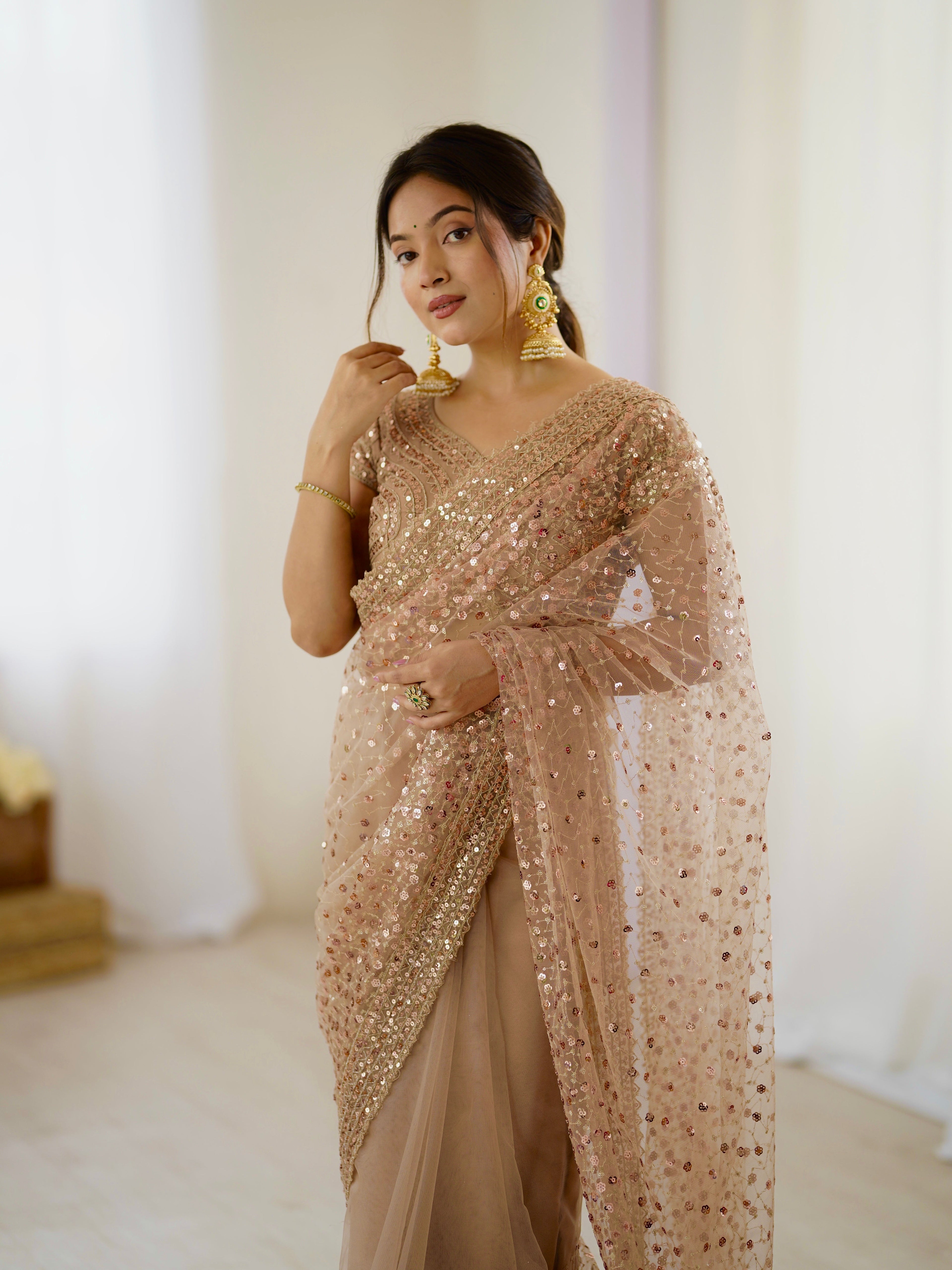 GOLDEN SOFT NET BEAUTIFUL DESIGNER SAREE