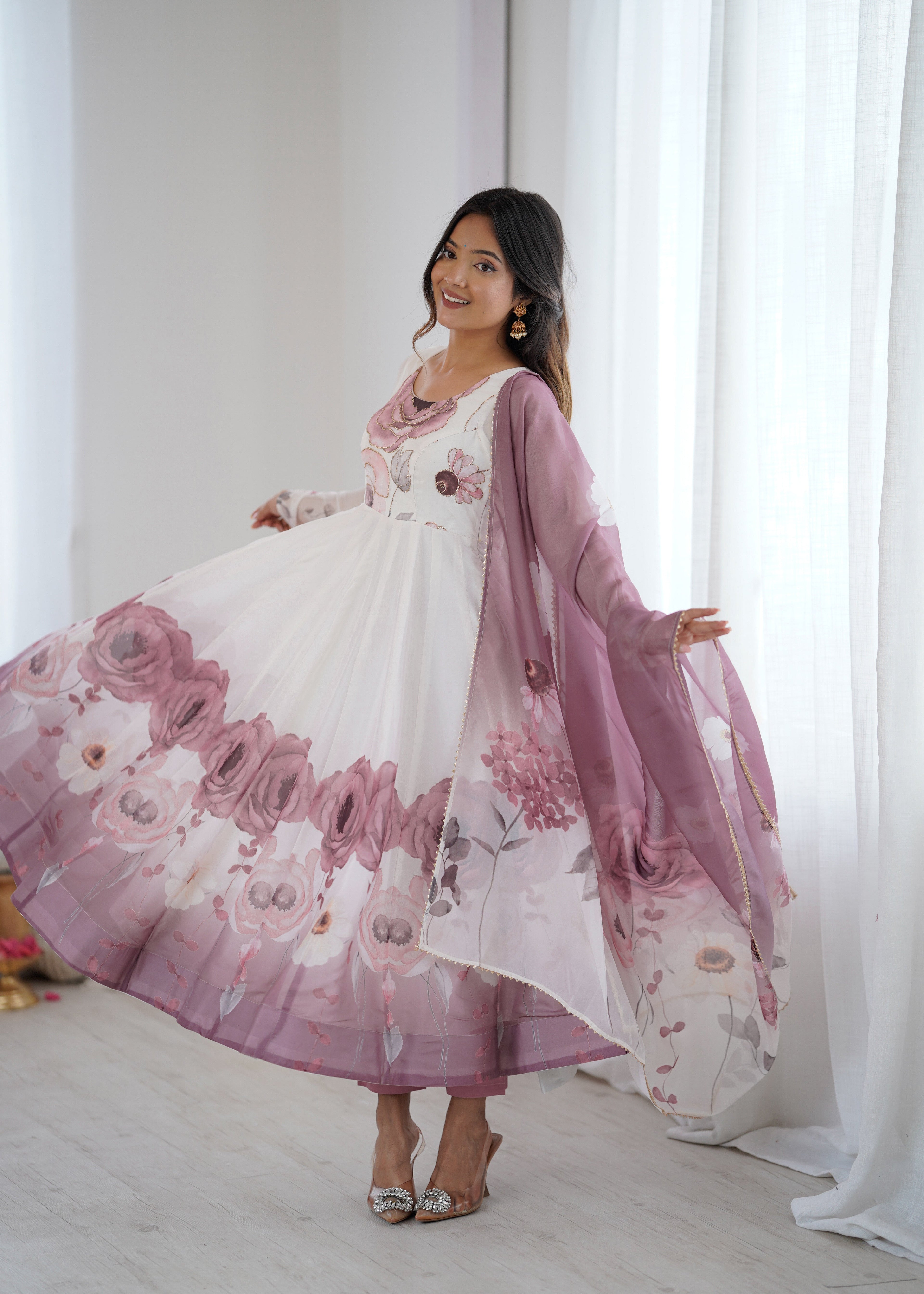 ONION PINK FLORAL PRINT ORGANZA BASE ANARKALI SUIT SET
