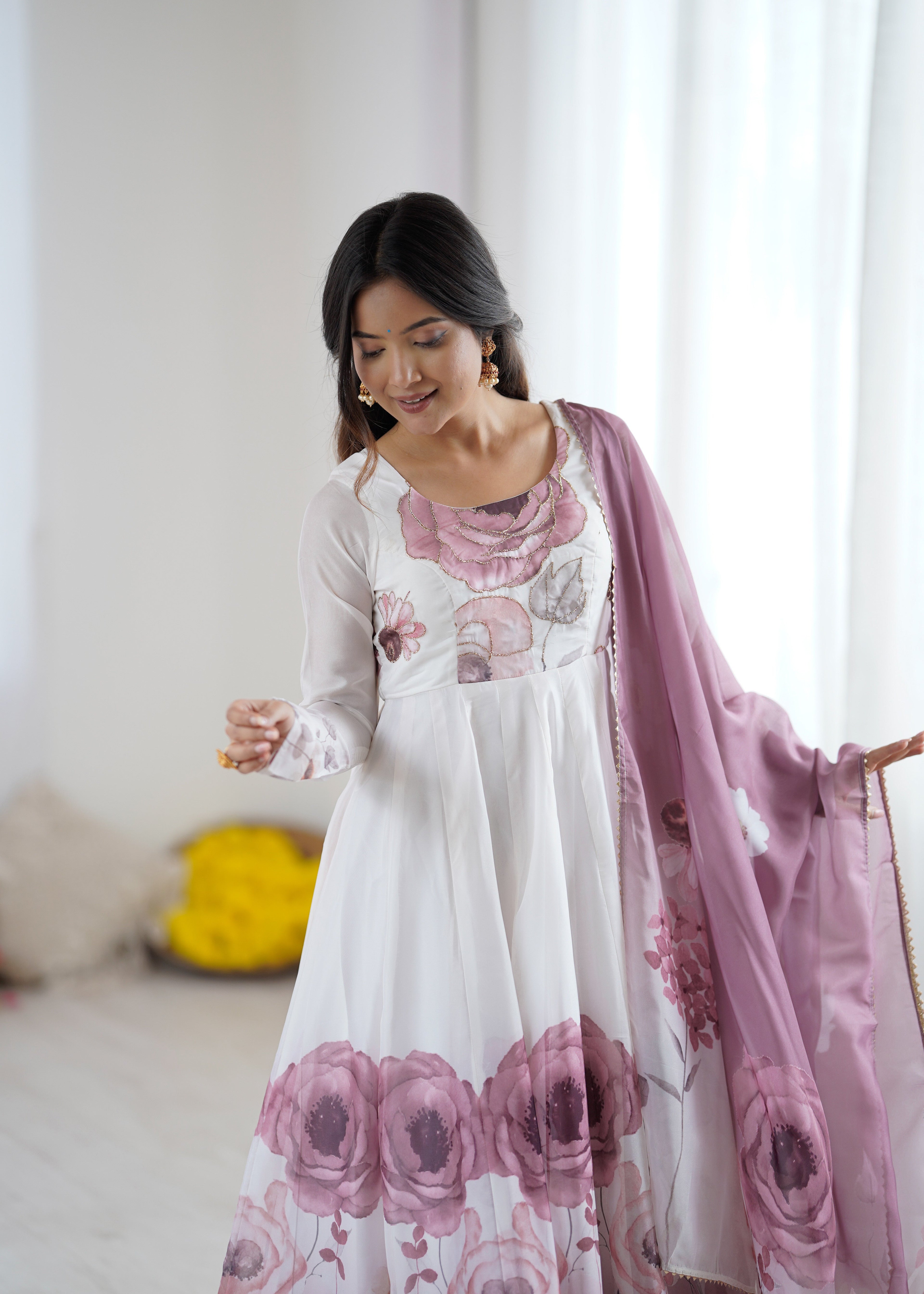 ONION PINK FLORAL PRINT ORGANZA BASE ANARKALI SUIT SET