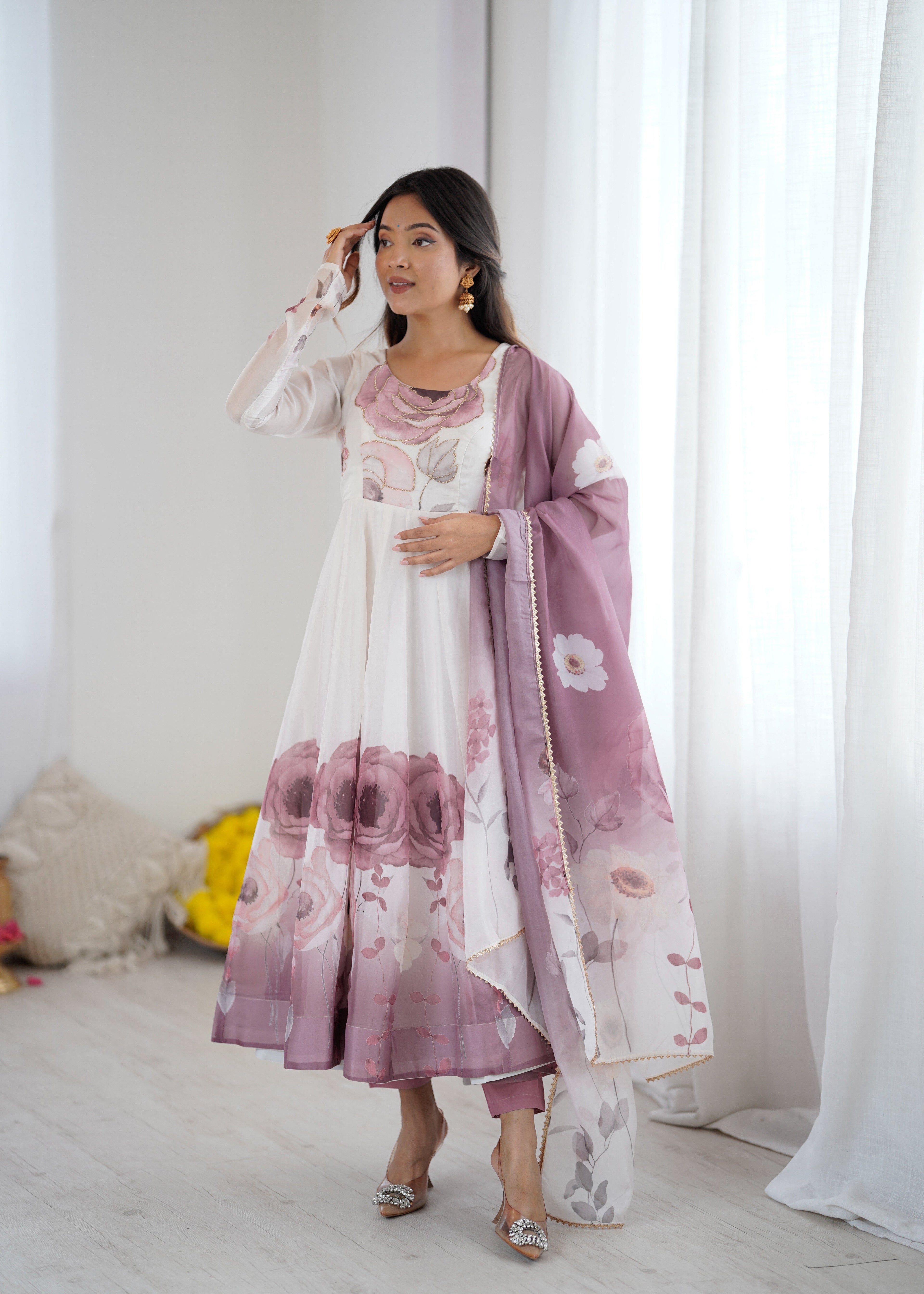 ONION PINK FLORAL PRINT ORGANZA BASE ANARKALI SUIT SET