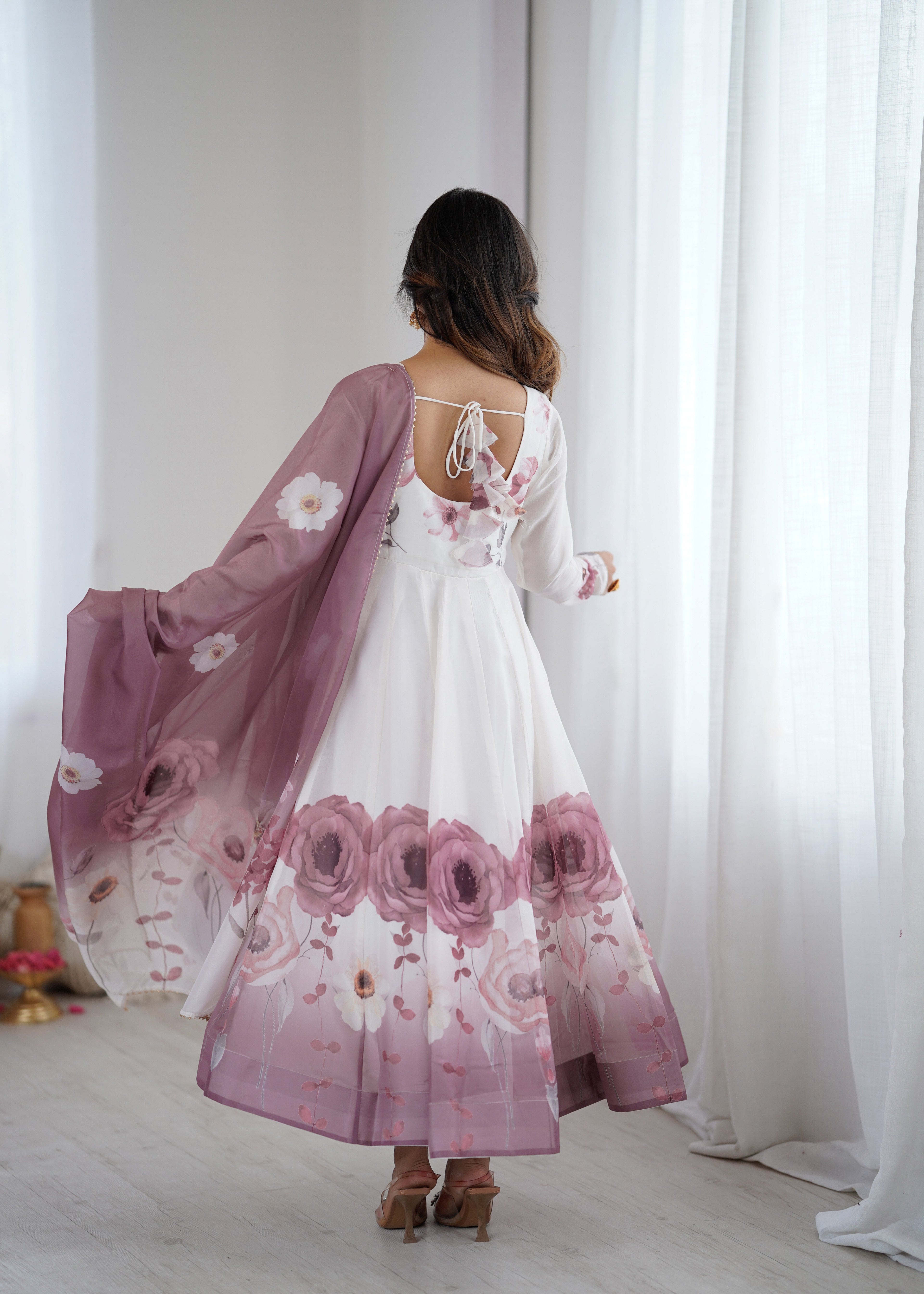 ONION PINK FLORAL PRINT ORGANZA BASE ANARKALI SUIT SET