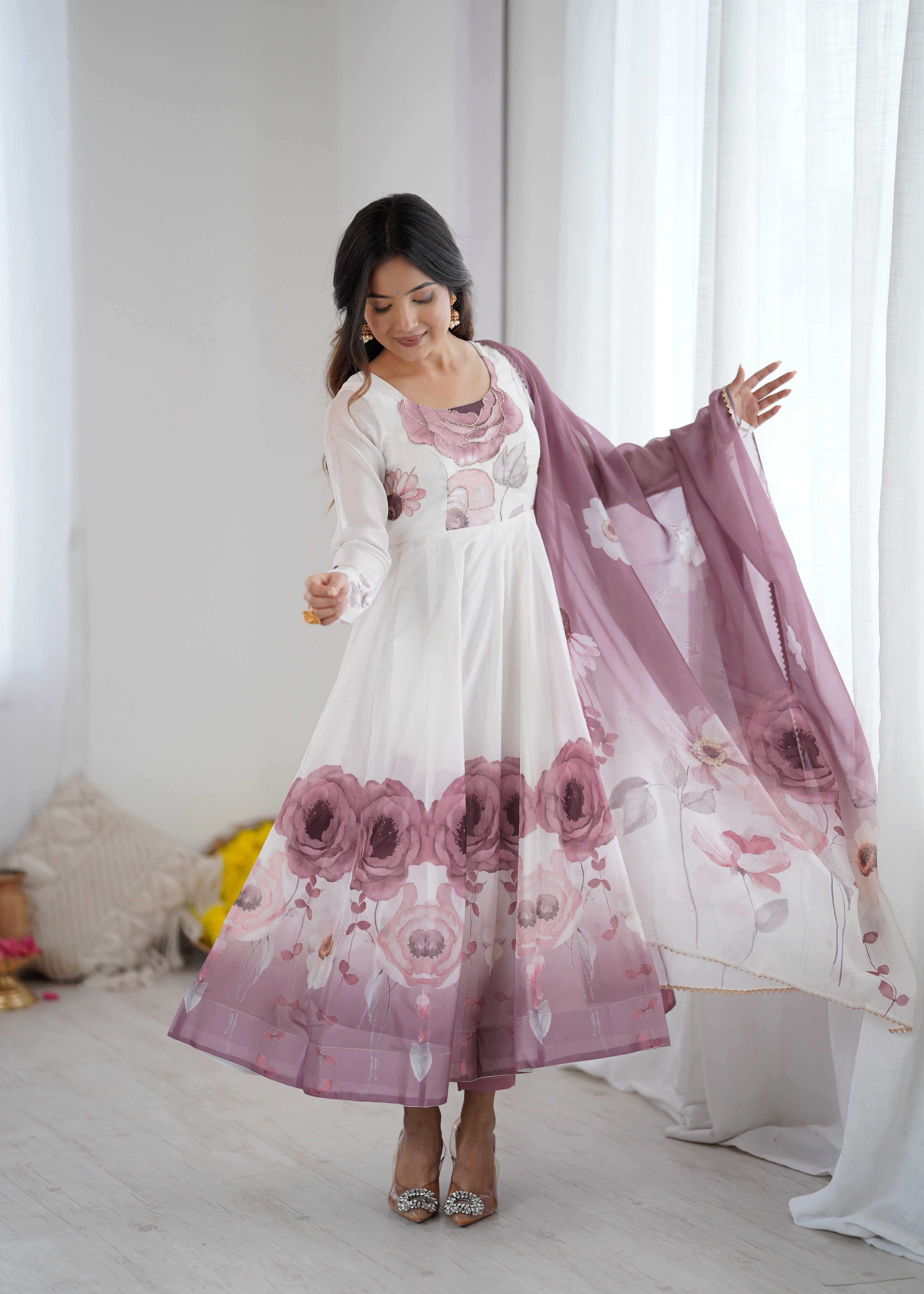 ONION PINK FLORAL PRINT ORGANZA BASE ANARKALI SUIT SET