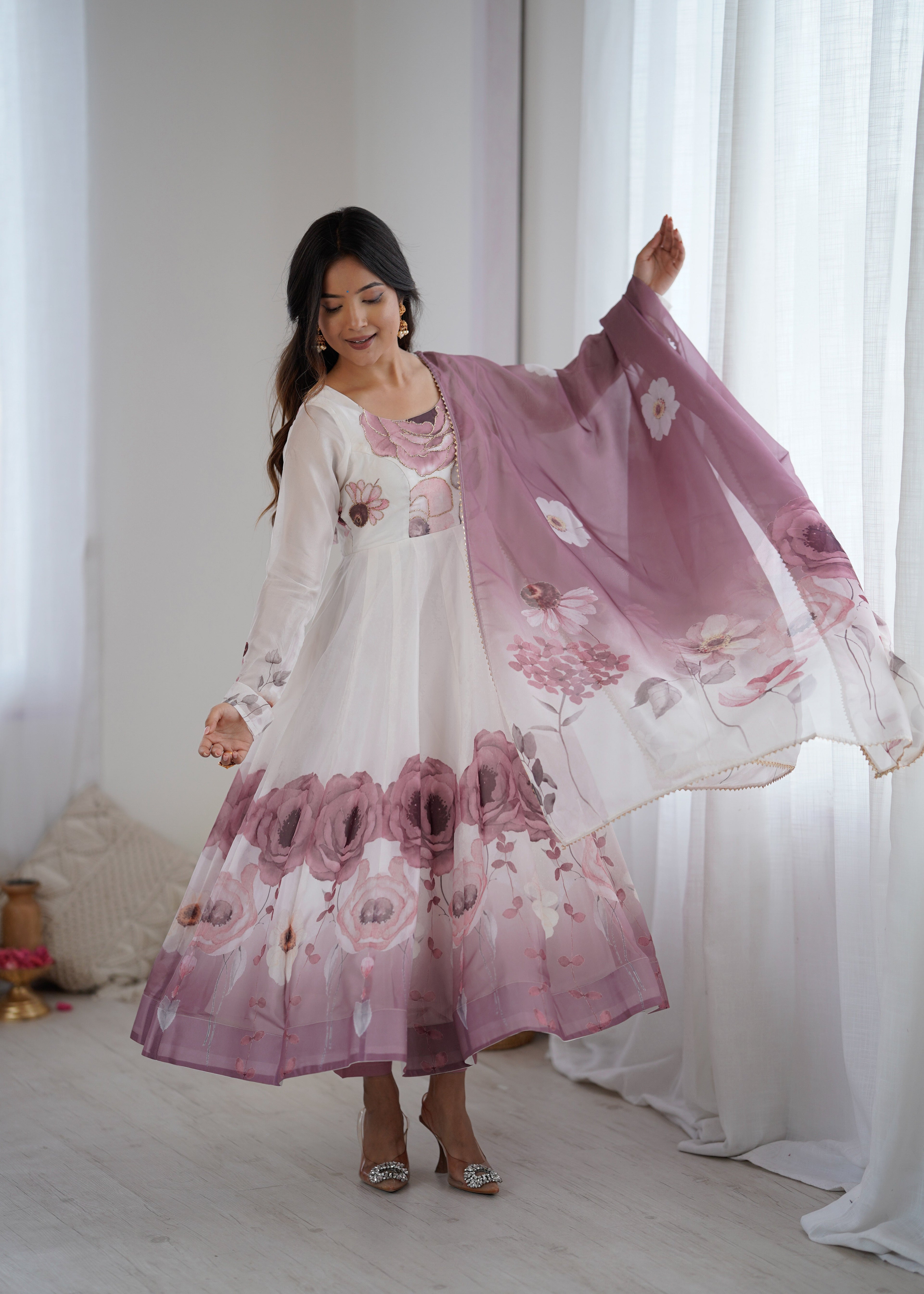 ONION PINK FLORAL PRINT ORGANZA BASE ANARKALI SUIT SET