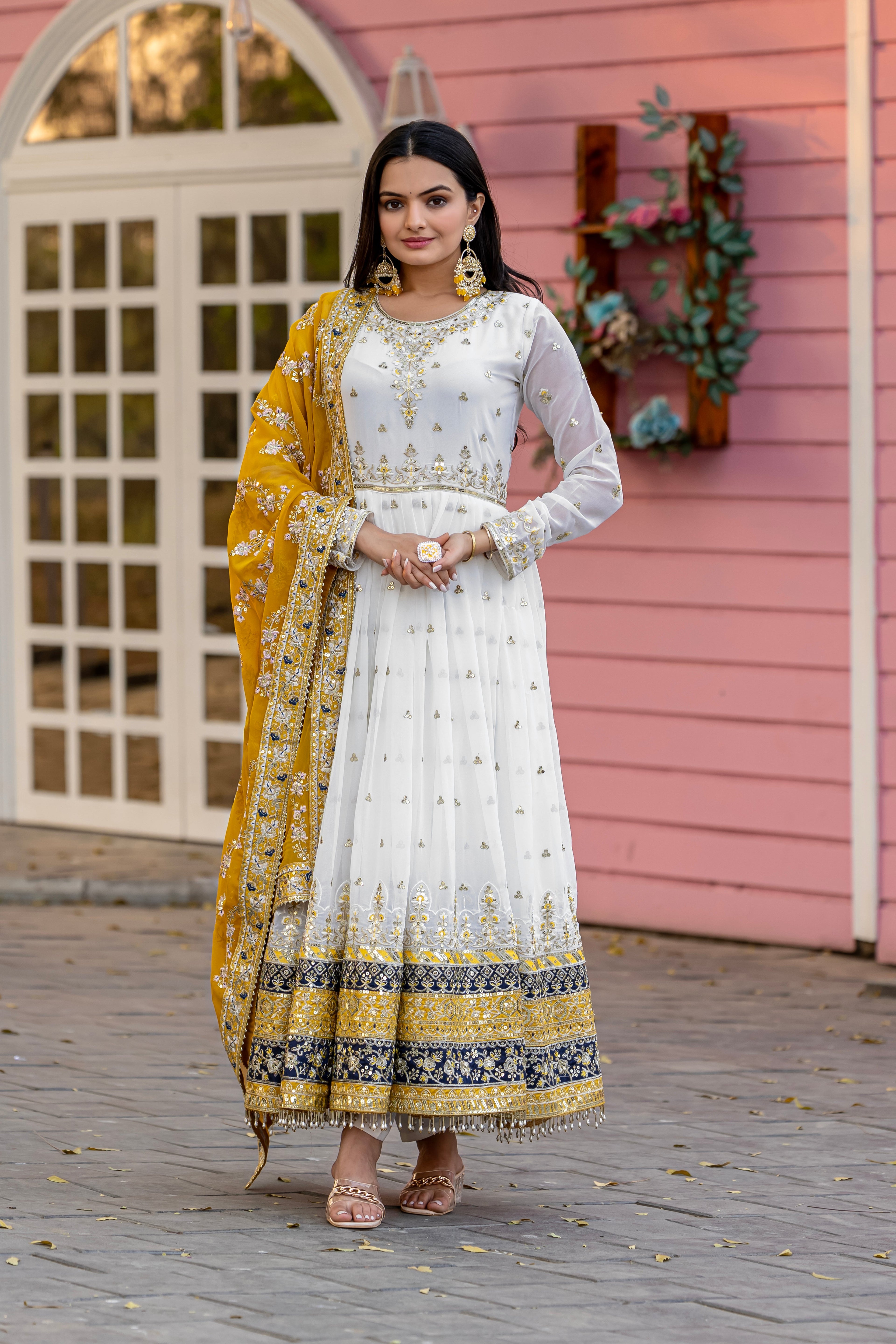 PARTY WEAR LOOK HEAVY FAUX GEOGETTE BASE GOWN WITH PANT & DUPATTA