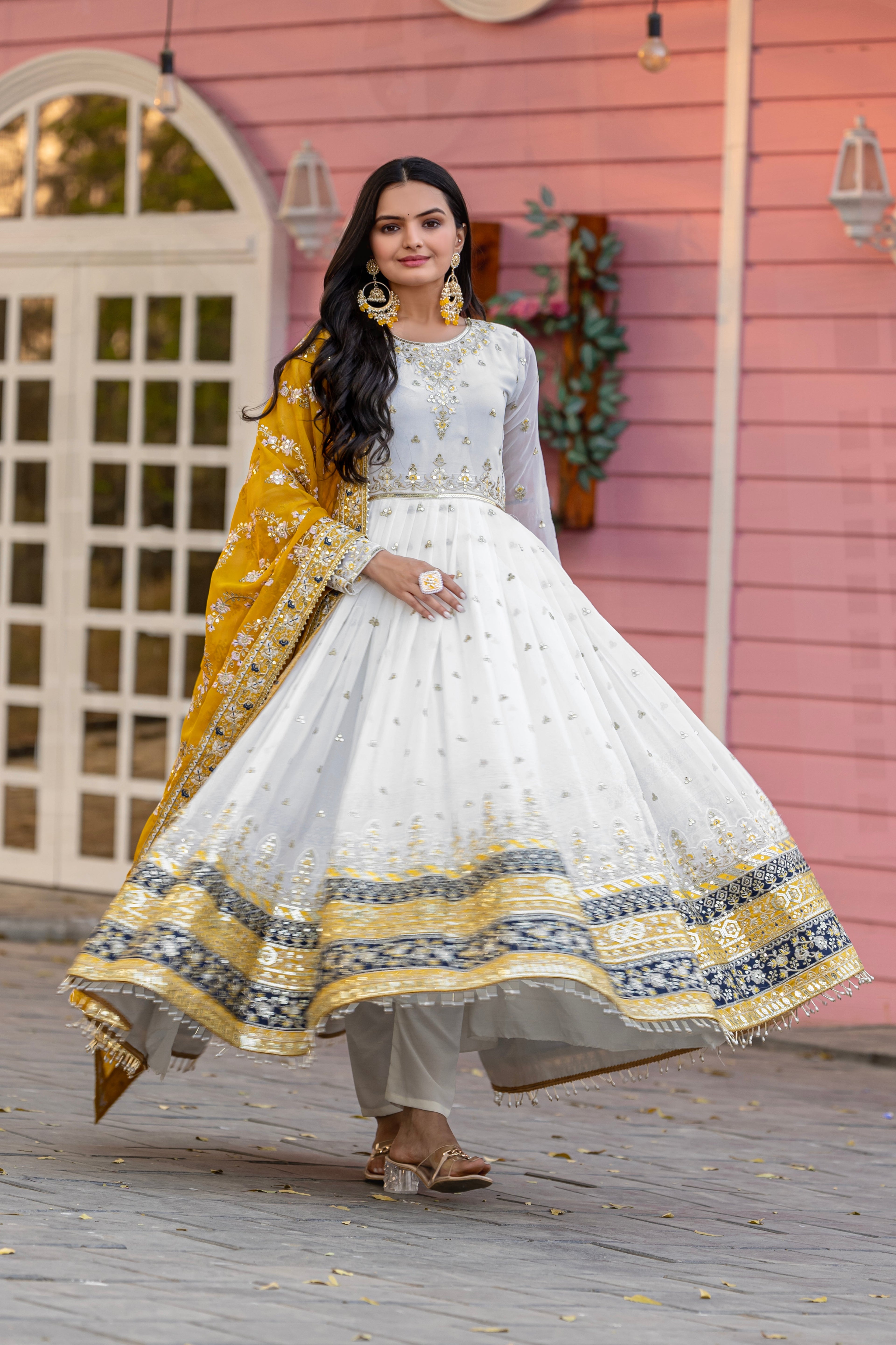 PARTY WEAR LOOK HEAVY FAUX GEOGETTE BASE GOWN WITH PANT & DUPATTA