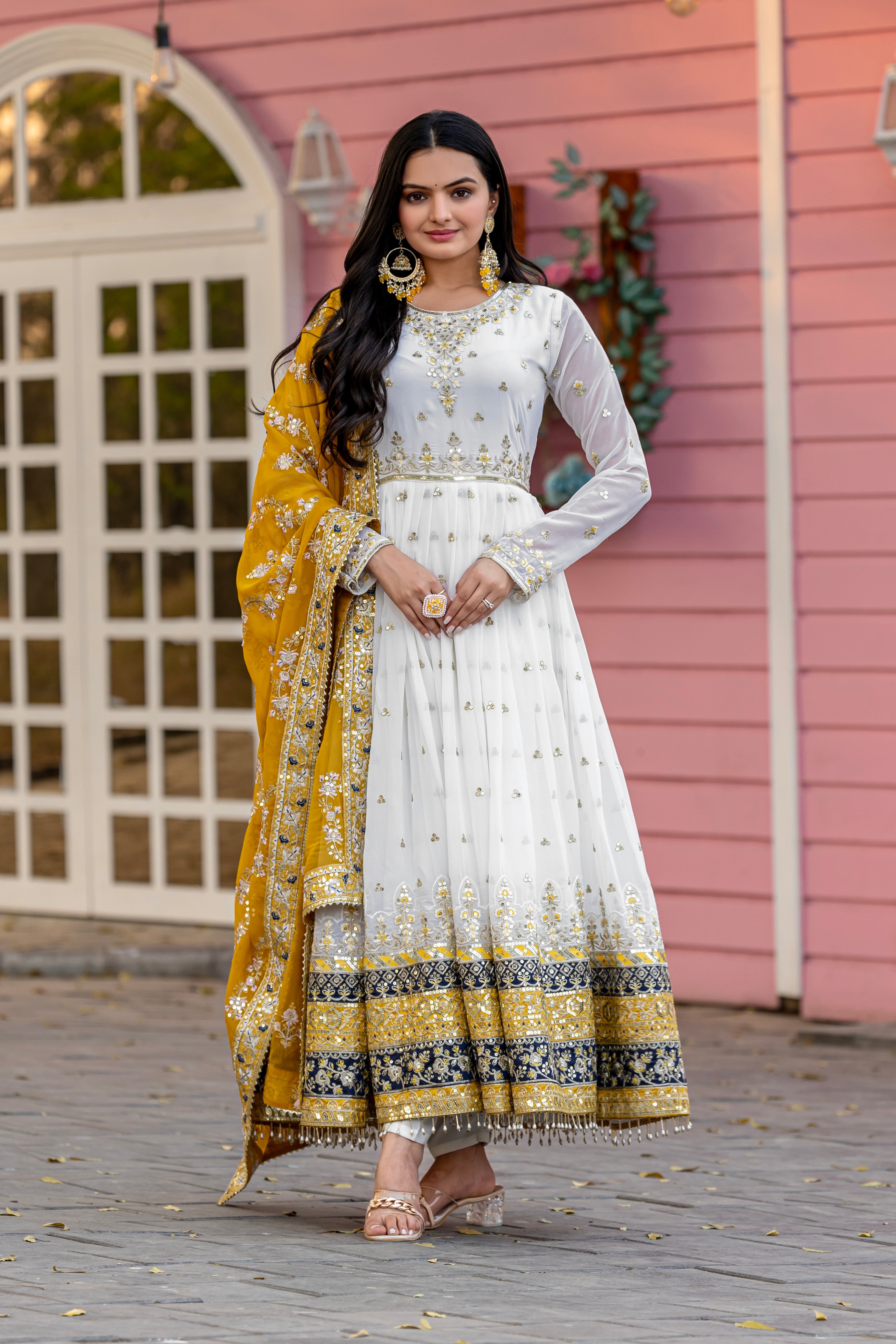 PARTY WEAR LOOK HEAVY FAUX GEOGETTE BASE GOWN WITH PANT & DUPATTA