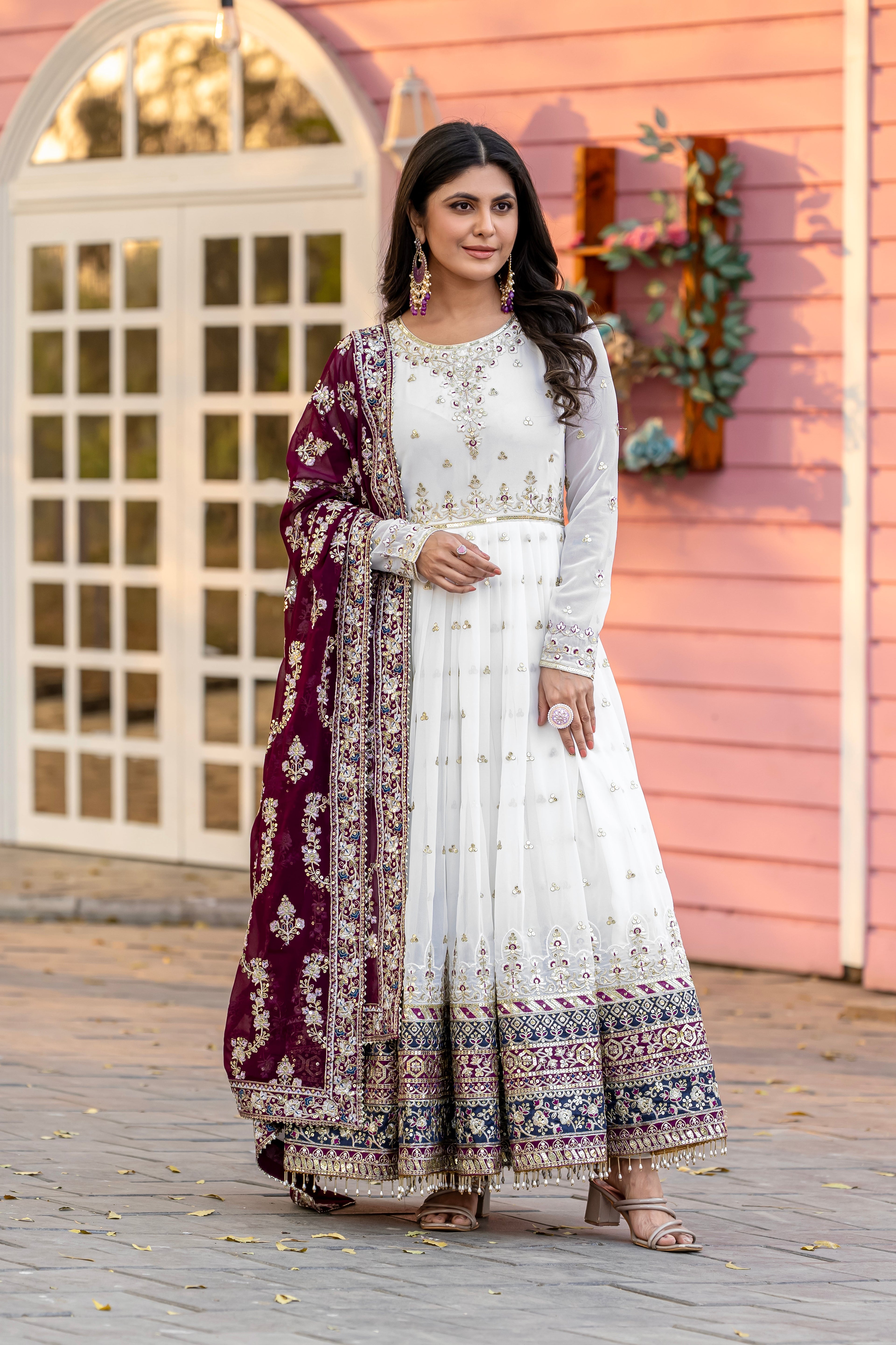 PARTY WEAR LOOK HEAVY FAUX GEOGETTE BASE GOWN WITH PANT & DUPATTA