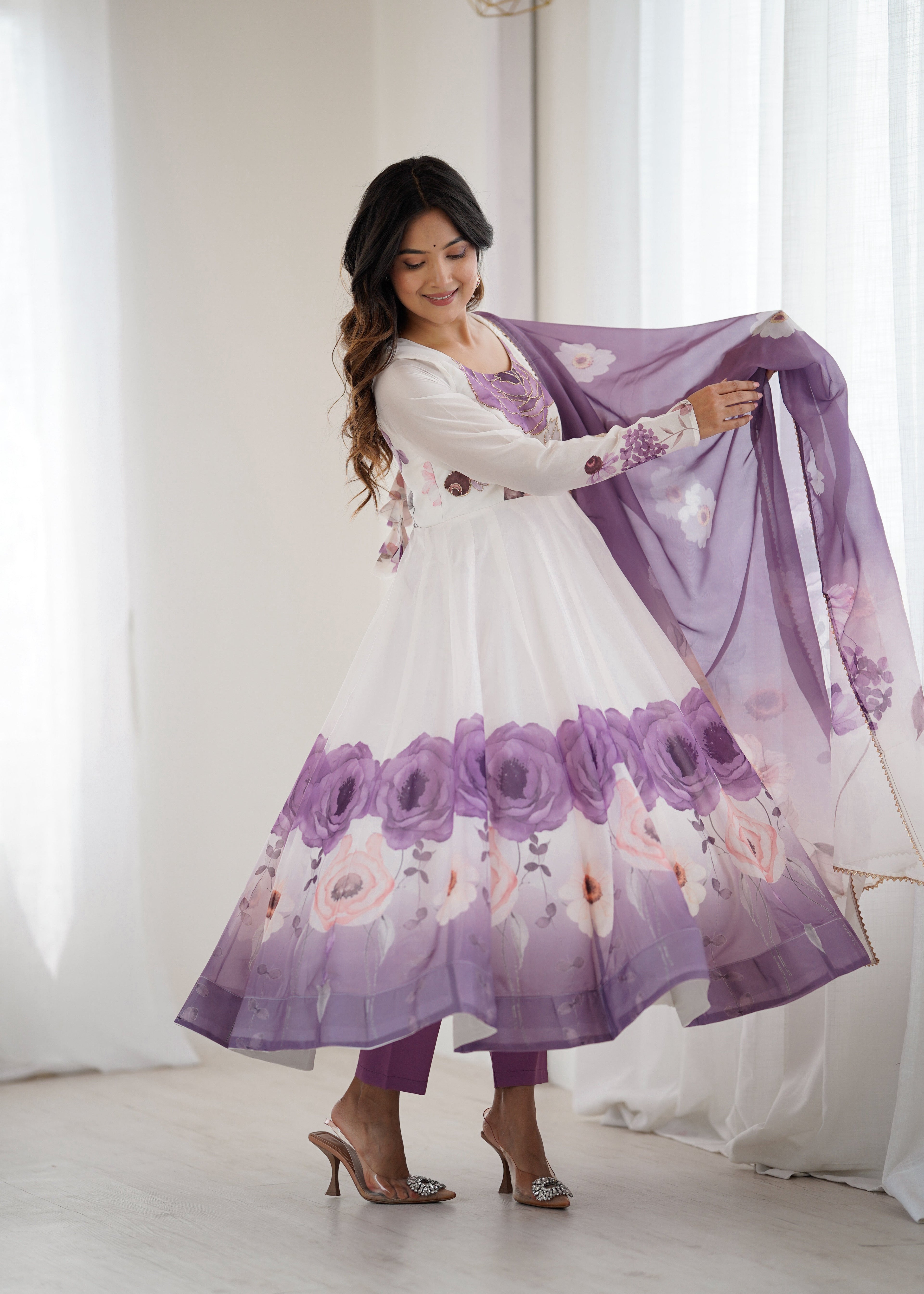 VIOLET FLORAL PRINT ORGANZA BASE ANARKALI SUIT SET