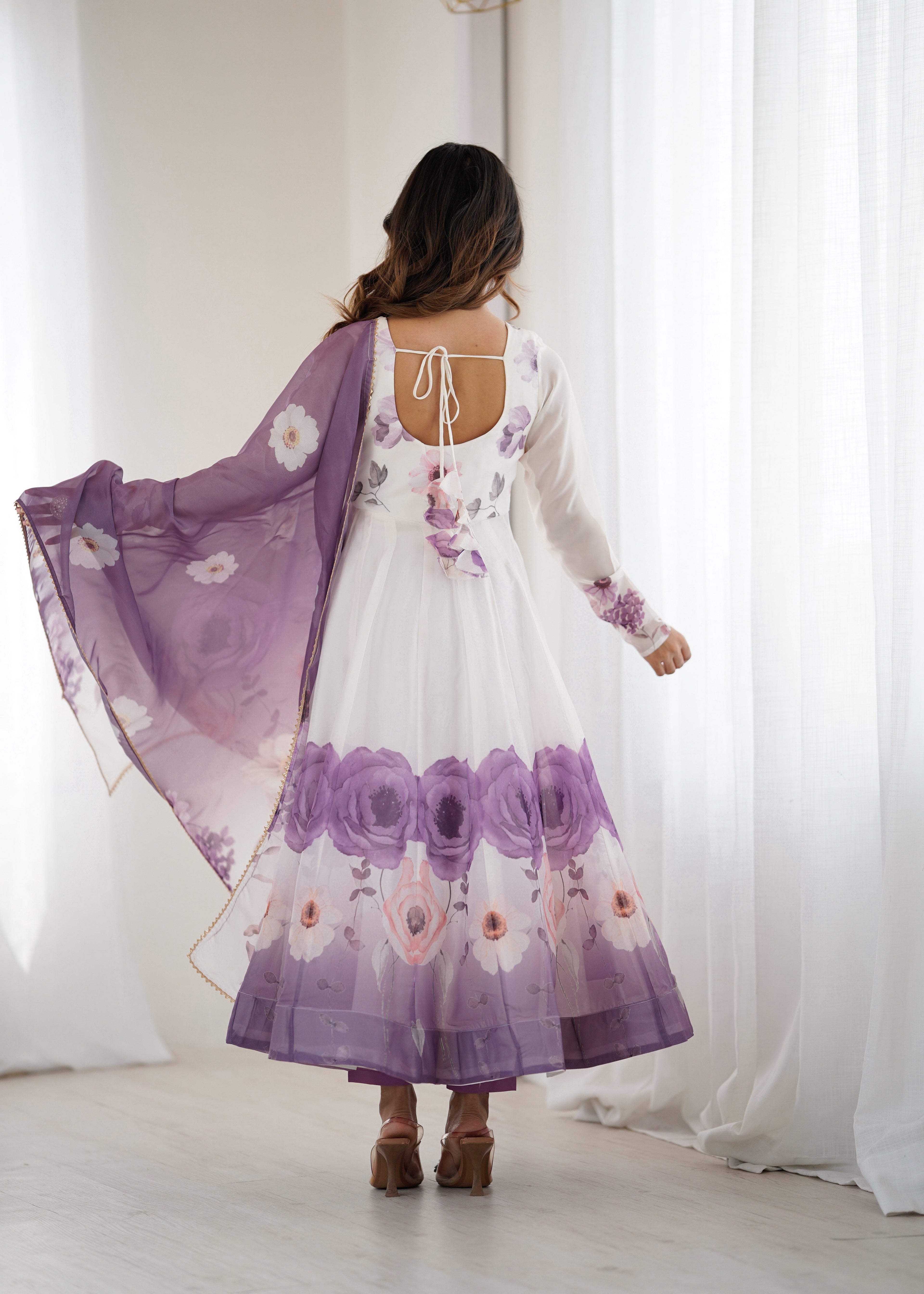 VIOLET FLORAL PRINT ORGANZA BASE ANARKALI SUIT SET
