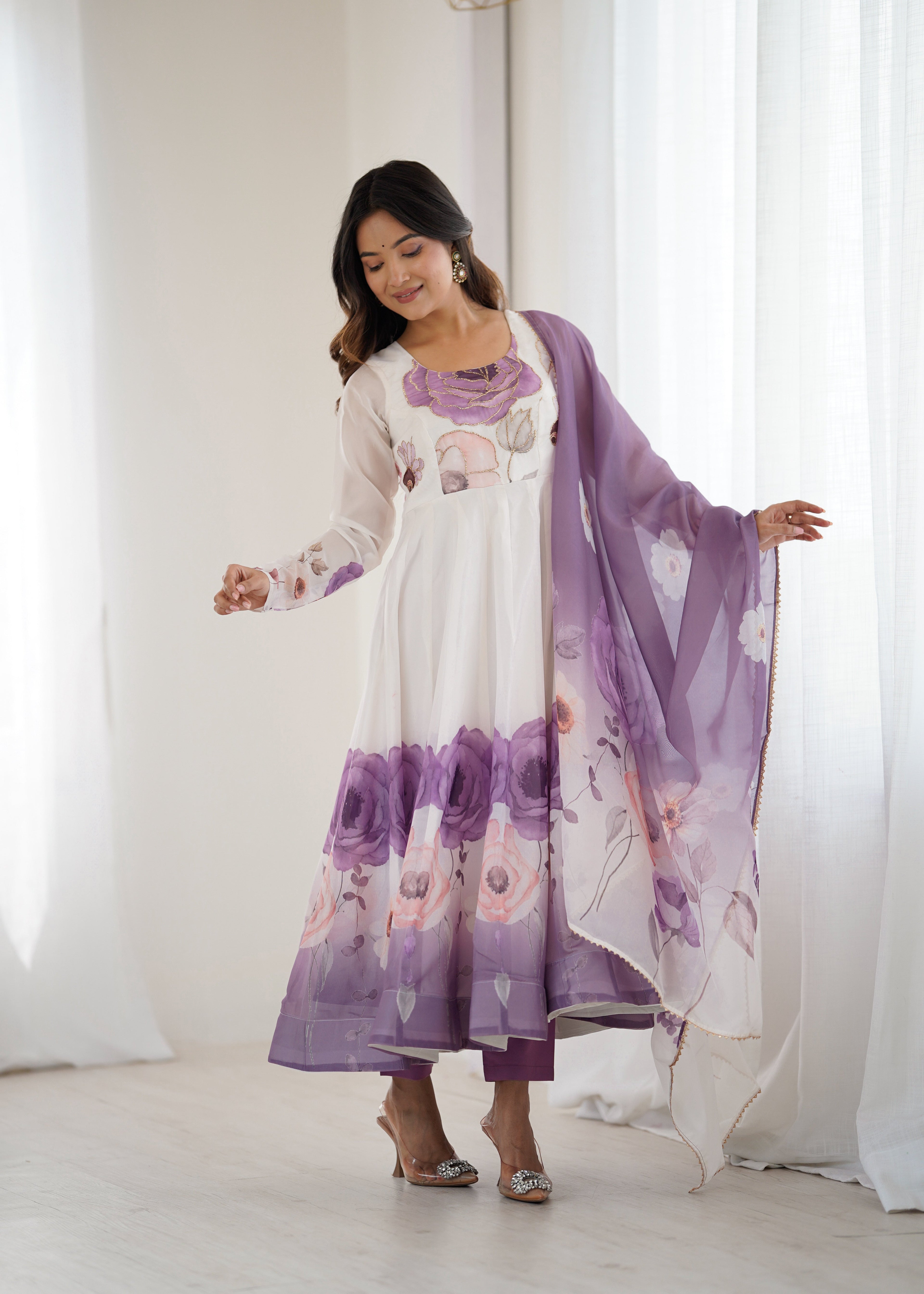 VIOLET FLORAL PRINT ORGANZA BASE ANARKALI SUIT SET