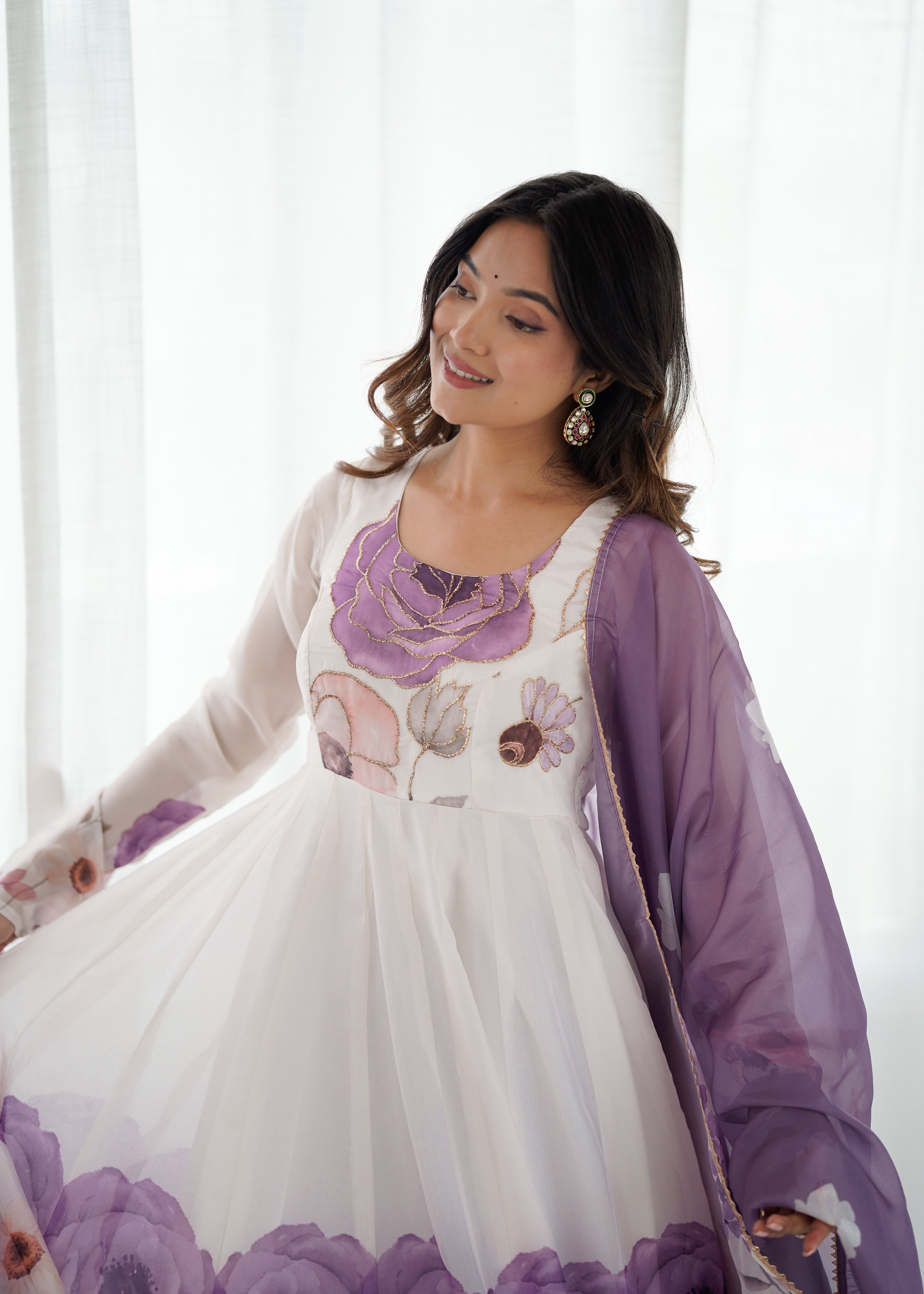 VIOLET FLORAL PRINT ORGANZA BASE ANARKALI SUIT SET